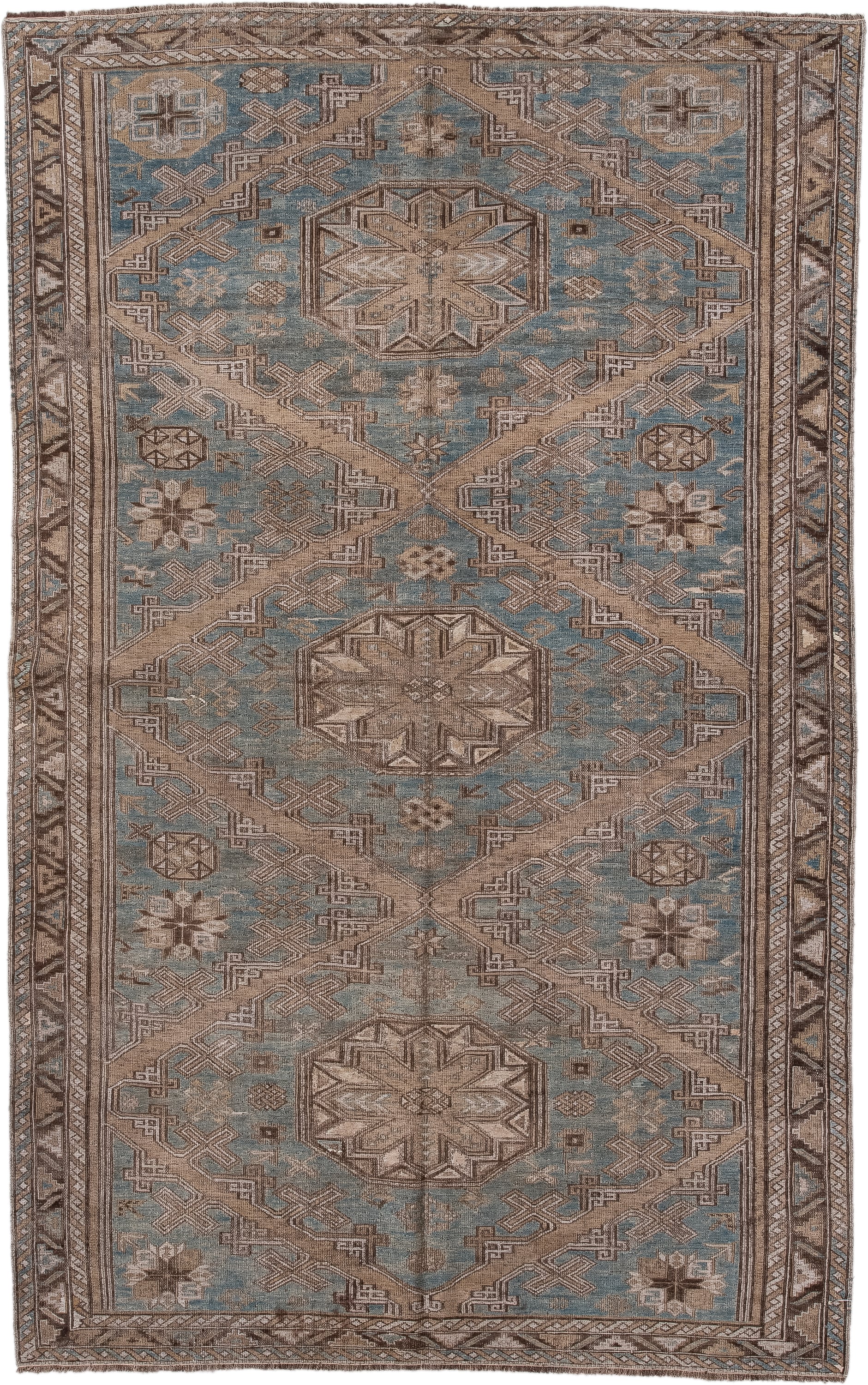 4' x 7' one-of-a-kind handmade vintage Sumak rug. Color palette: light blue, taupe, brown, ivory, camel, slate, beige, gray