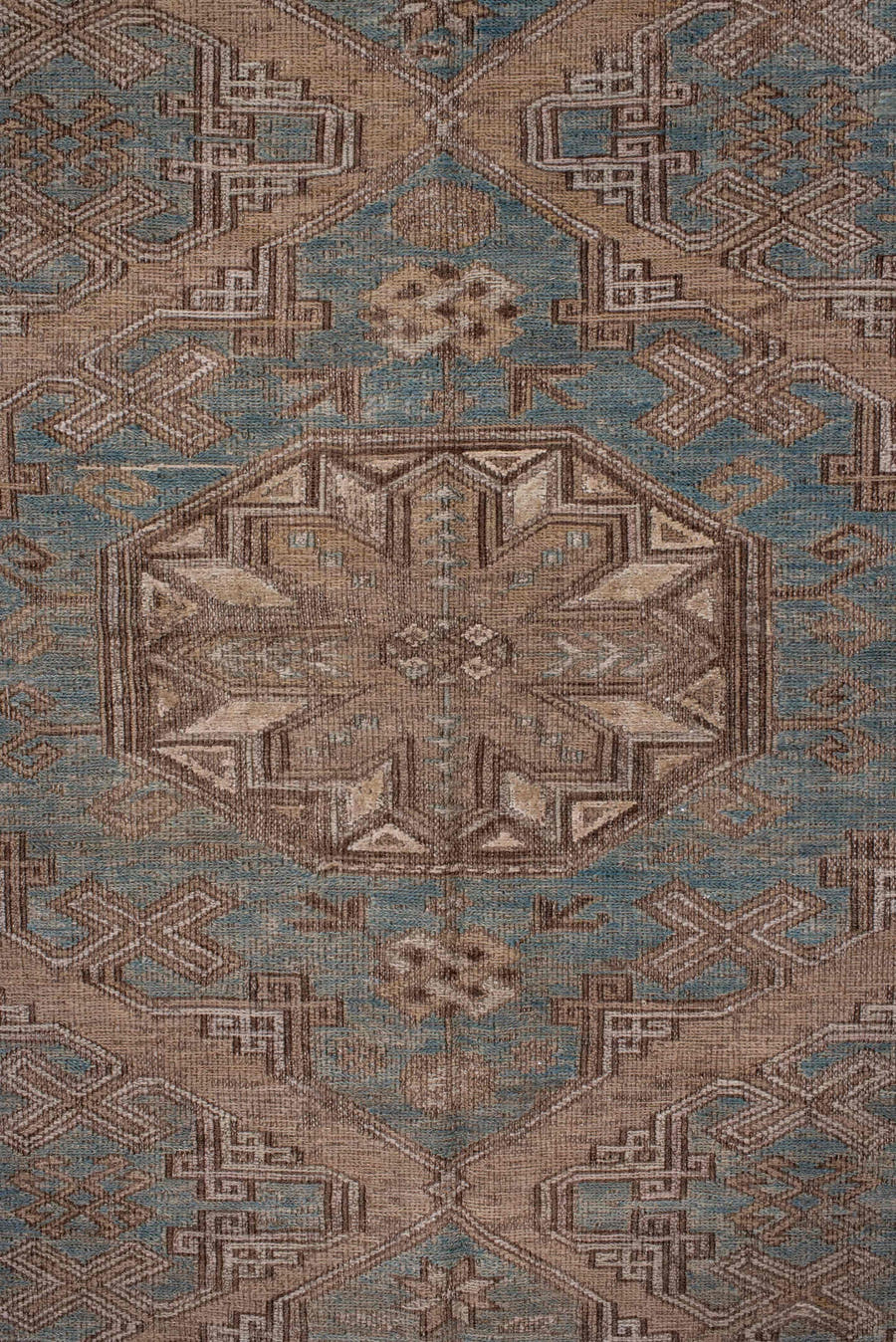 4' x 7' one-of-a-kind handmade vintage Sumak rug. Color palette: light blue, taupe, brown, ivory, camel, slate, beige, gray