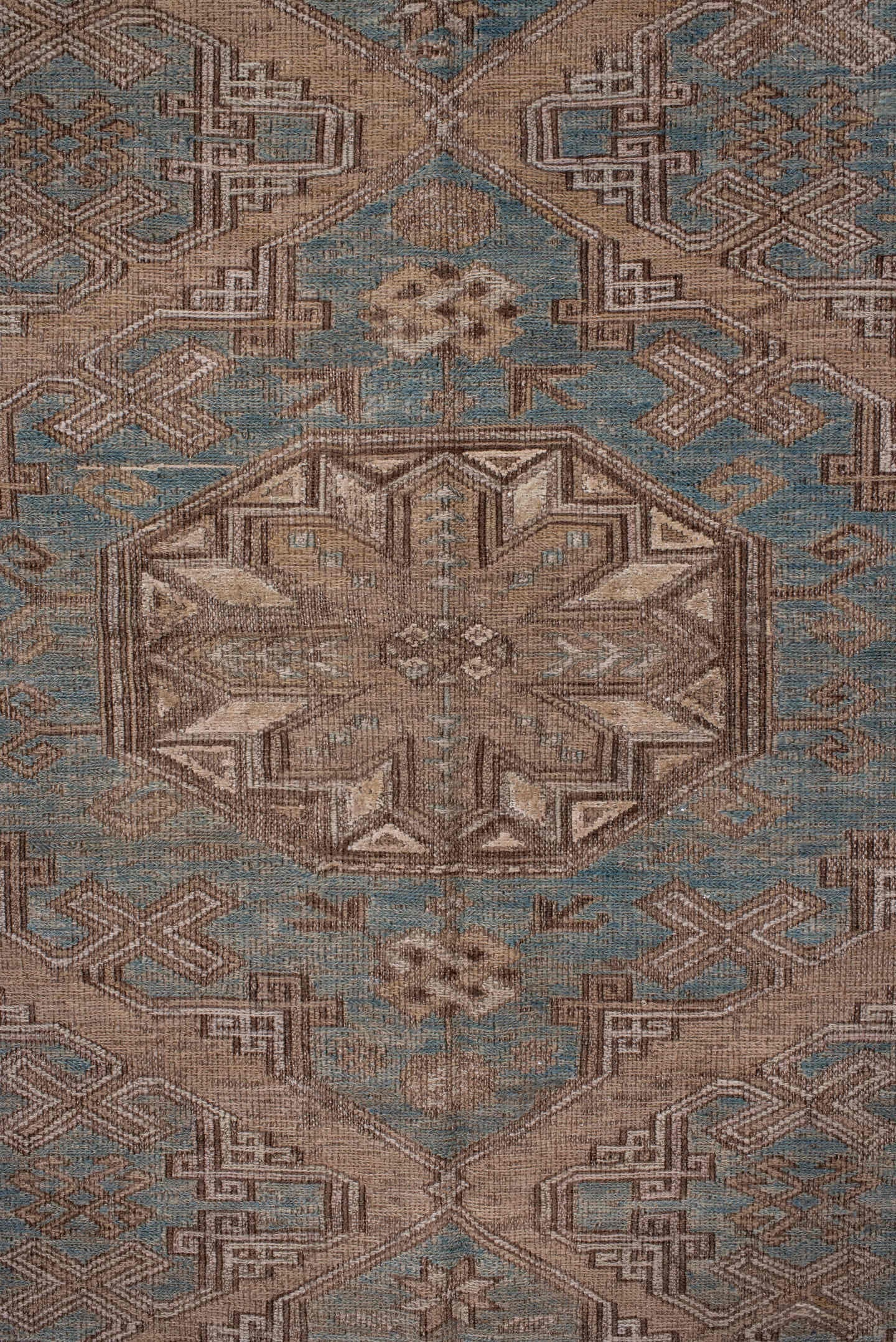 4' x 7' one-of-a-kind handmade vintage Sumak rug. Color palette: light blue, taupe, brown, ivory, camel, slate, beige, gray