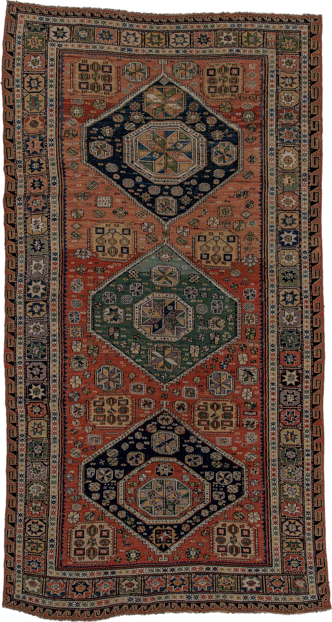 5' x 9' one-of-a-kind handmade vintage Sumak medium size rug. Color palette: rust, navy, ivory, sage, camel, charcoal