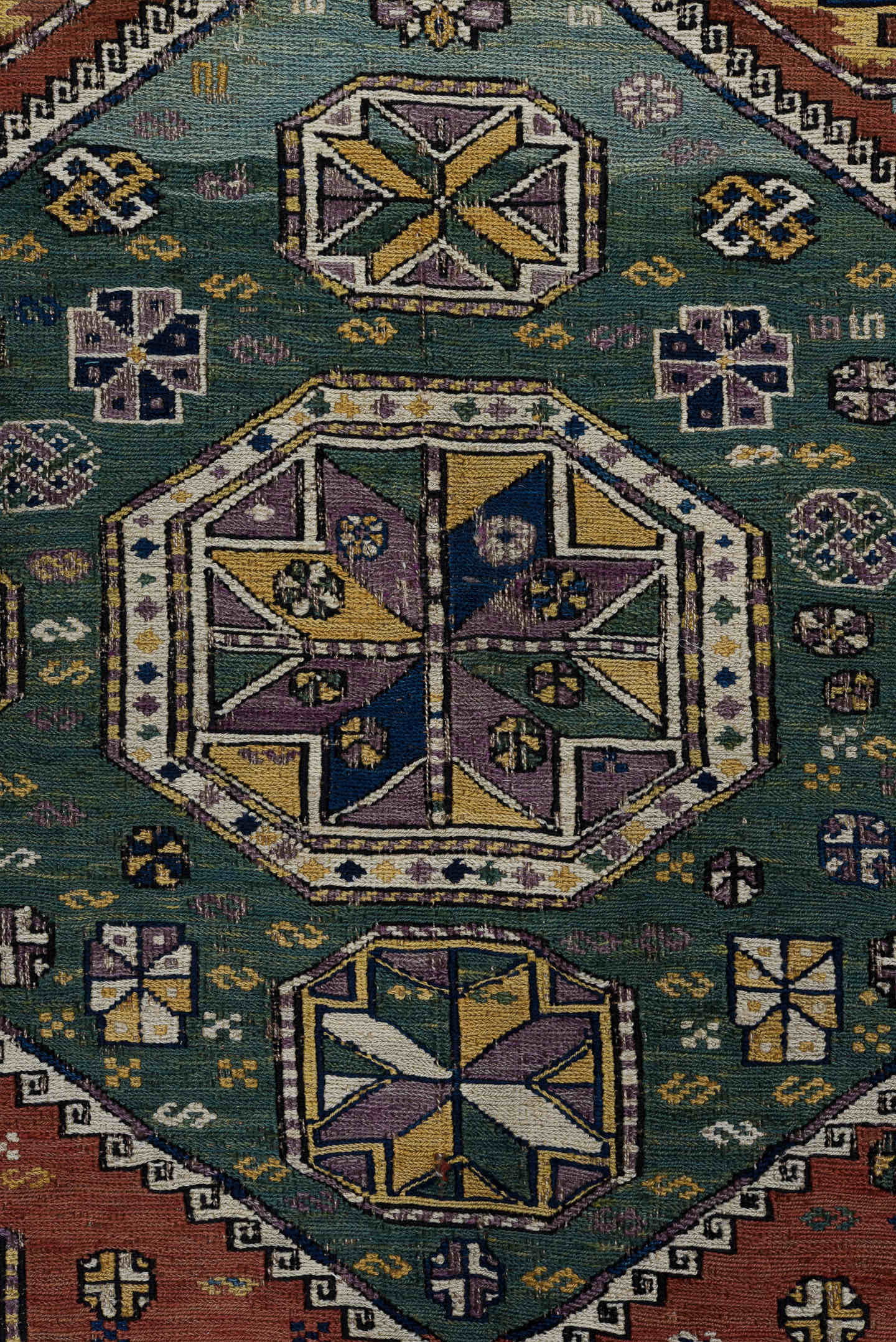 5' x 9' one-of-a-kind handmade vintage Sumak medium size rug. Color palette: rust, navy, ivory, sage, camel, charcoal