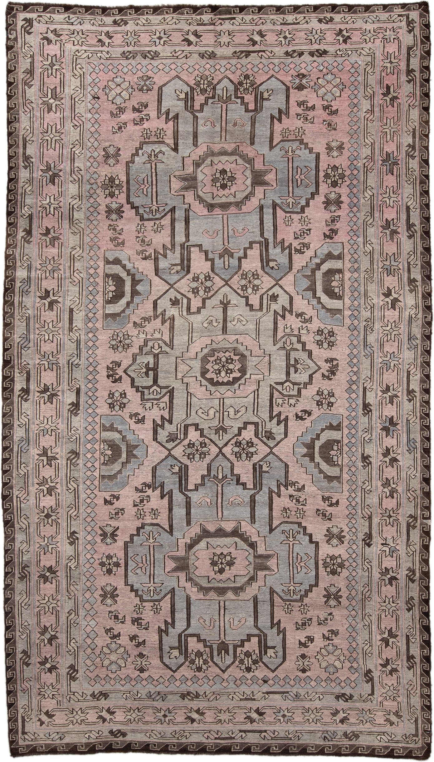 6' x 11' one-of-a-kind handmade vintage Sumak large size rug. Color palette: blush, ivory, brown, slate, taupe, charcoal