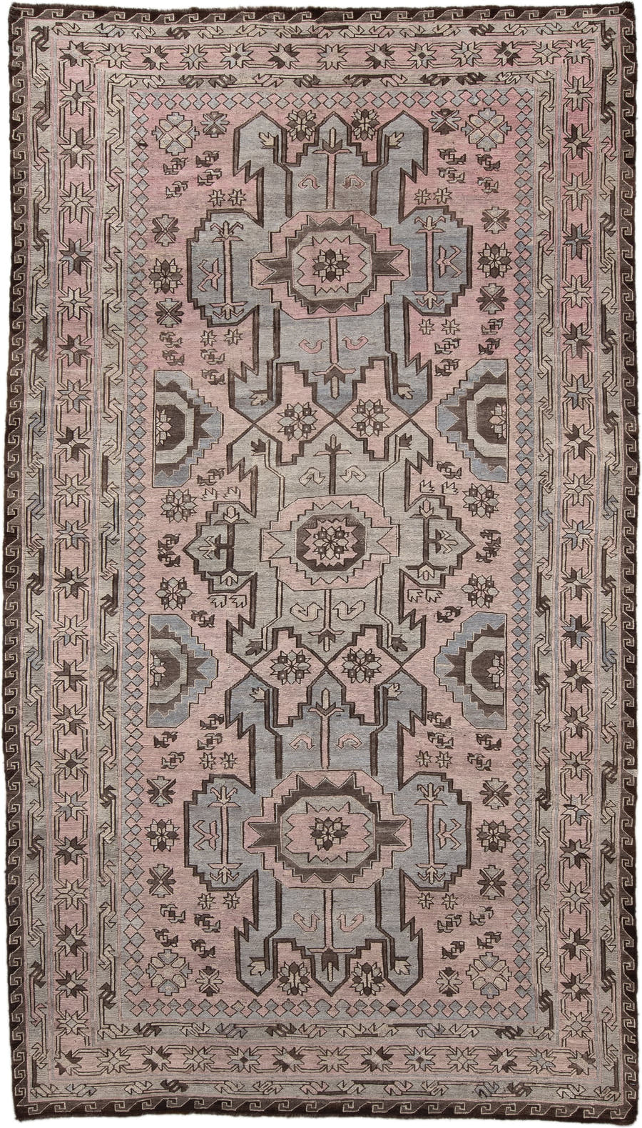 6' x 11' one-of-a-kind handmade vintage Sumak large size rug. Color palette: blush, ivory, brown, slate, taupe, charcoal