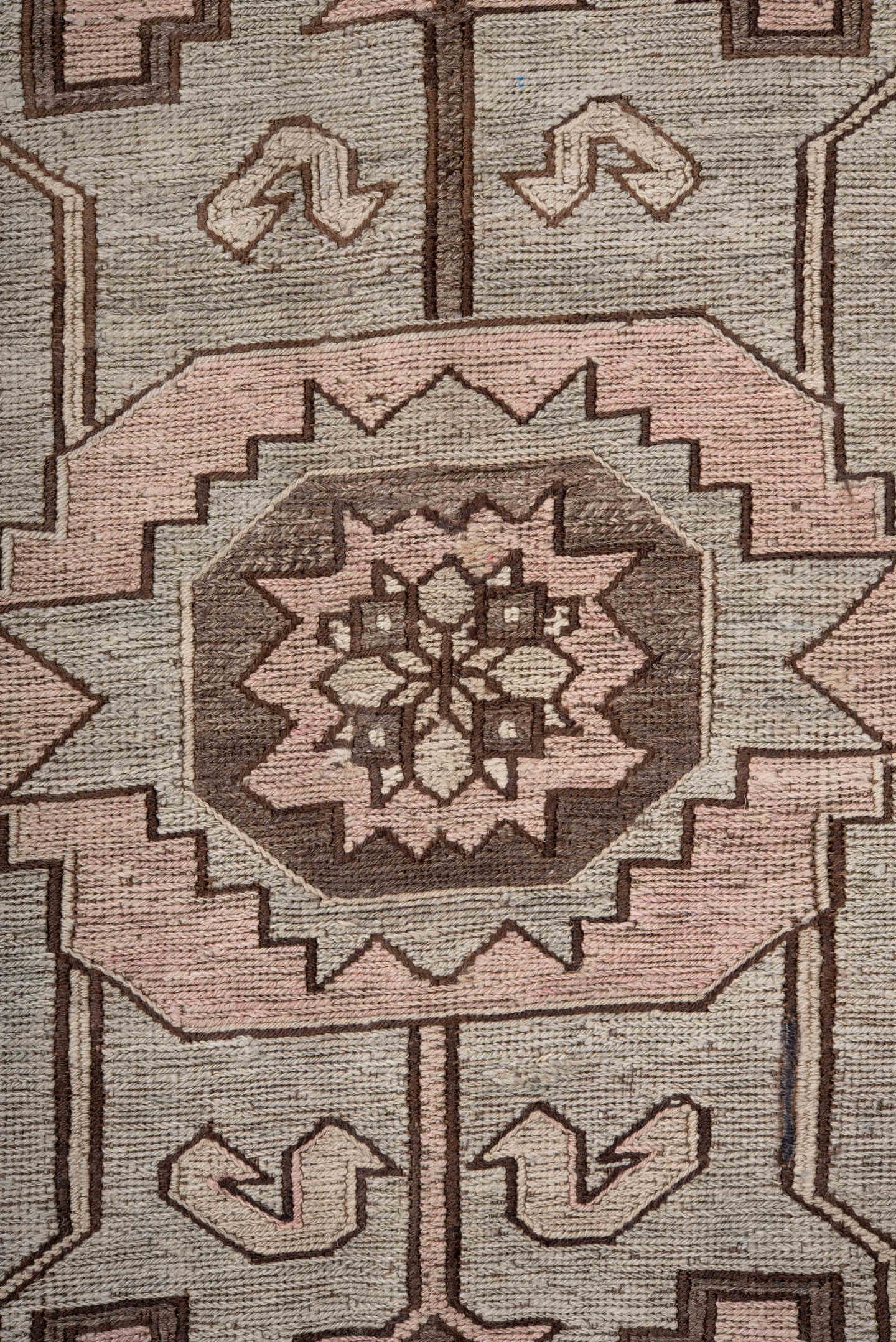6' x 11' one-of-a-kind handmade vintage Sumak large size rug. Color palette: blush, ivory, brown, slate, taupe, charcoal