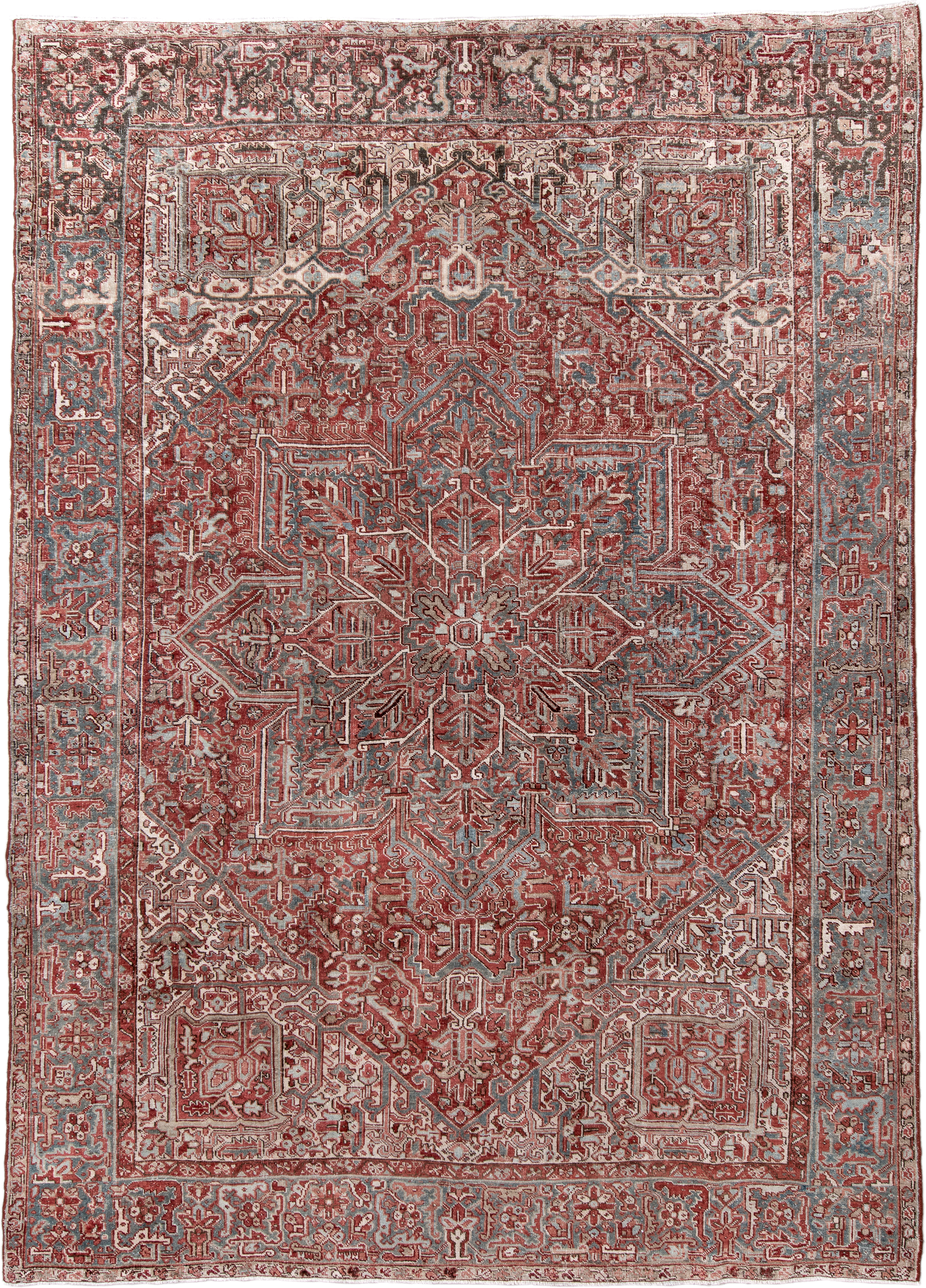 8' x 12' one-of-a-kind handmade vintage Heriz large size rug. Color palette: rust, ivory, sky blue, brick, taupe, charcoal