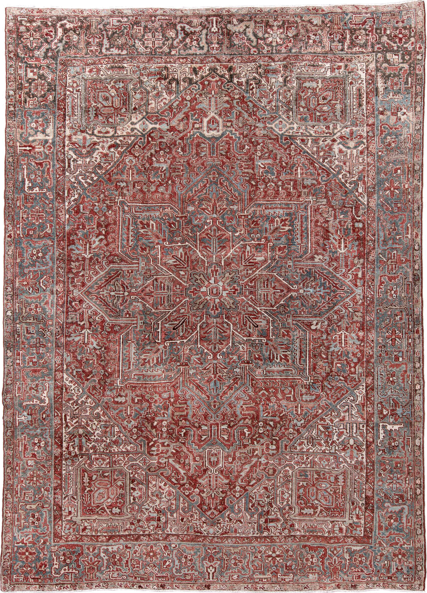 8' x 12' one-of-a-kind handmade vintage Heriz large size rug. Color palette: rust, ivory, sky blue, brick, taupe, charcoal