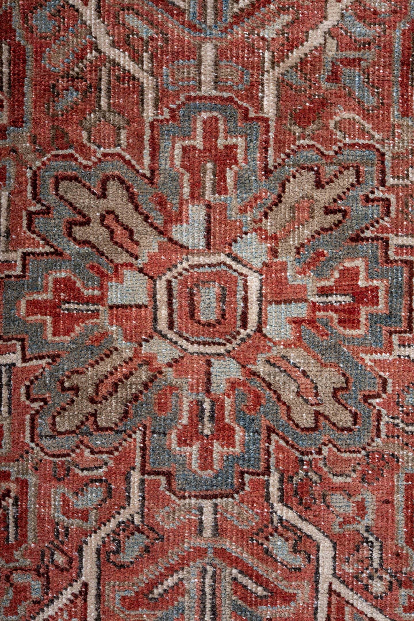 8' x 12' one-of-a-kind handmade vintage Heriz large size rug. Color palette: rust, ivory, sky blue, brick, taupe, charcoal