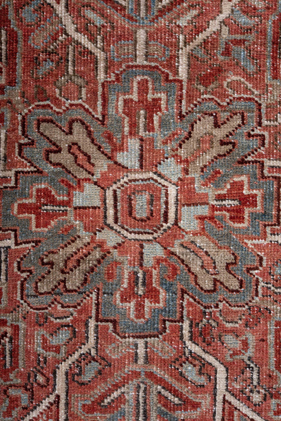 8' x 12' one-of-a-kind handmade vintage Heriz large size rug. Color palette: rust, ivory, sky blue, brick, taupe, charcoal