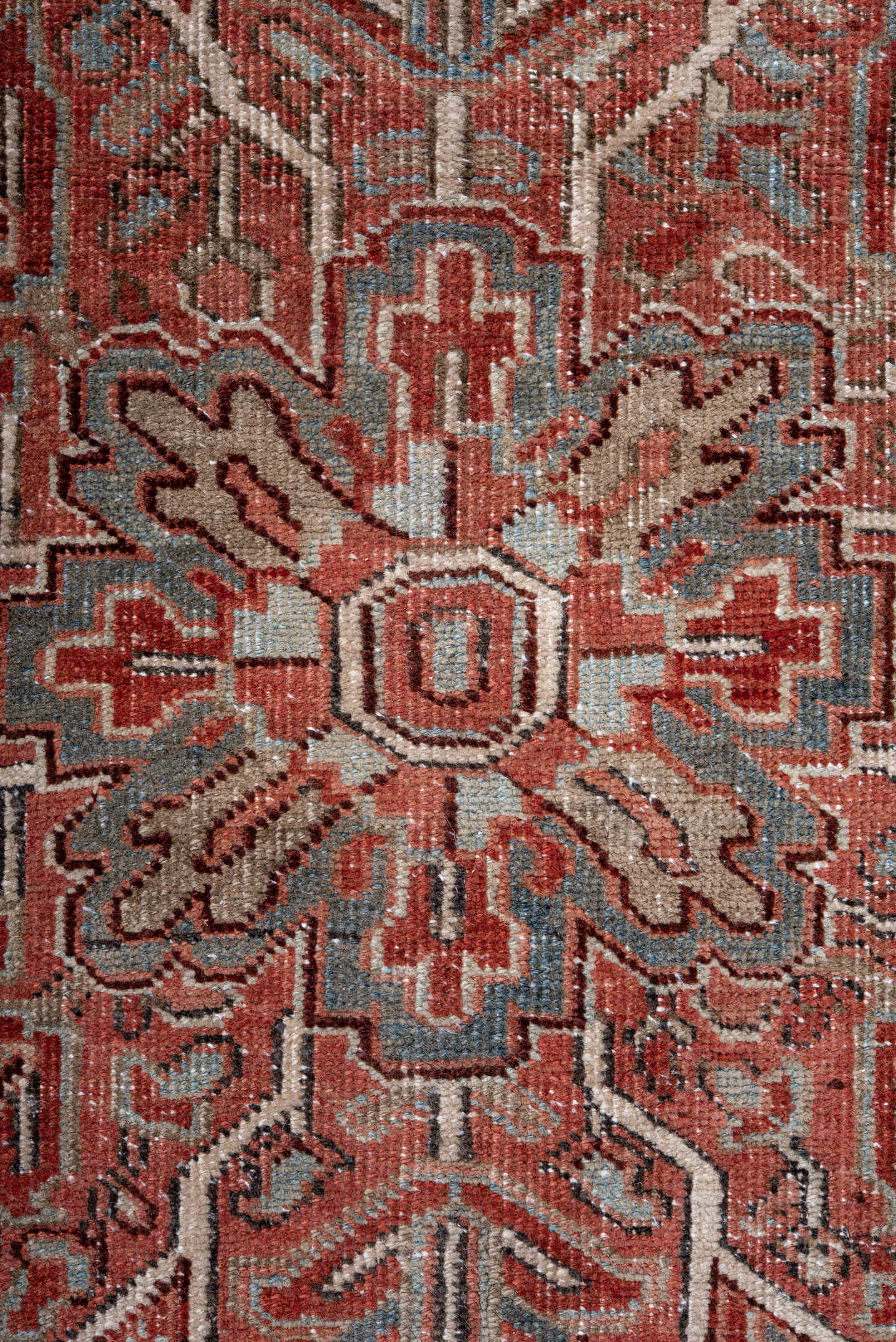 8' x 12' one-of-a-kind handmade vintage Heriz large size rug. Color palette: rust, ivory, sky blue, brick, taupe, charcoal