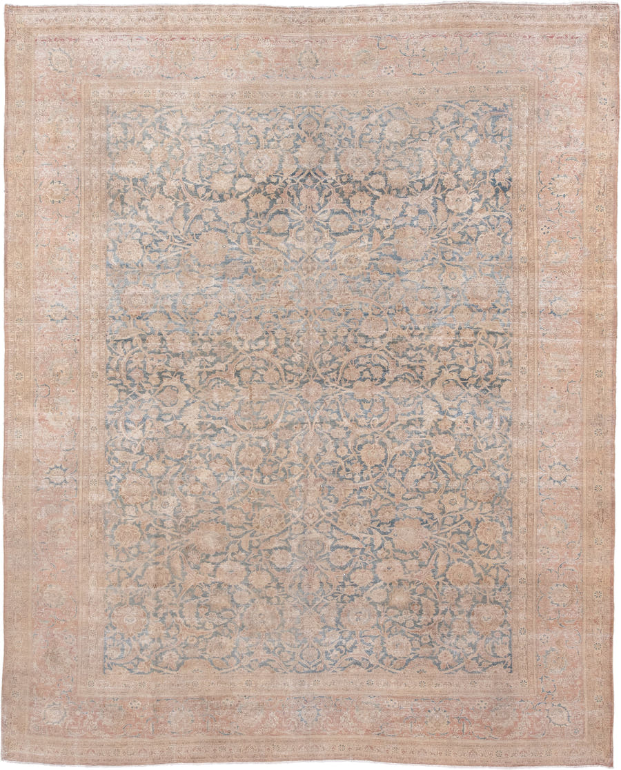 10' x 12' one-of-a-kind handmade antique Kashan large size rug. Color palette: blush, powder blue, ivory, taupe, beige, pink