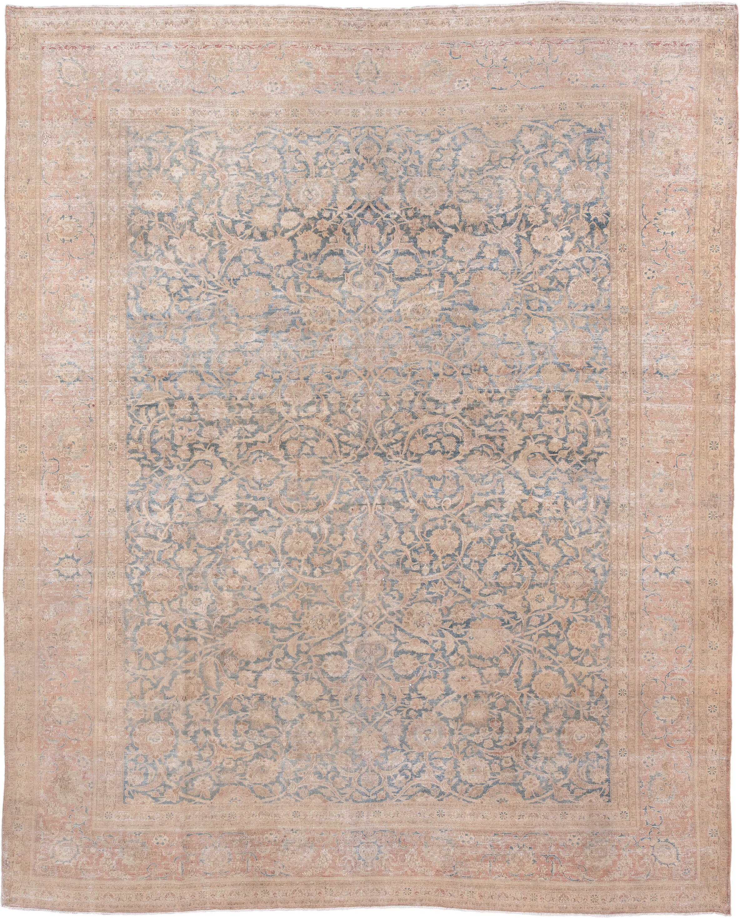 10' x 12' one-of-a-kind handmade antique Kashan large size rug. Color palette: blush, powder blue, ivory, taupe, beige, pink