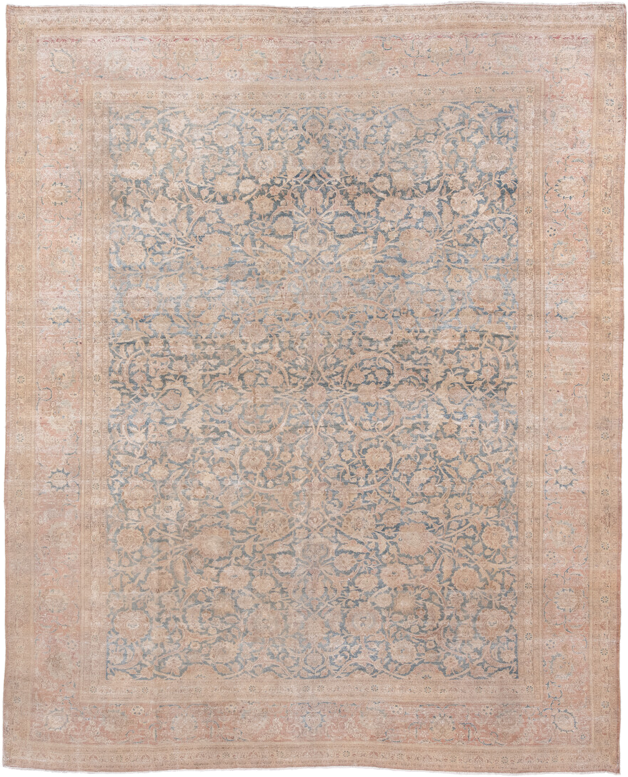 10' x 12' one-of-a-kind handmade antique Kashan large size rug. Color palette: blush, powder blue, ivory, taupe, beige, pink
