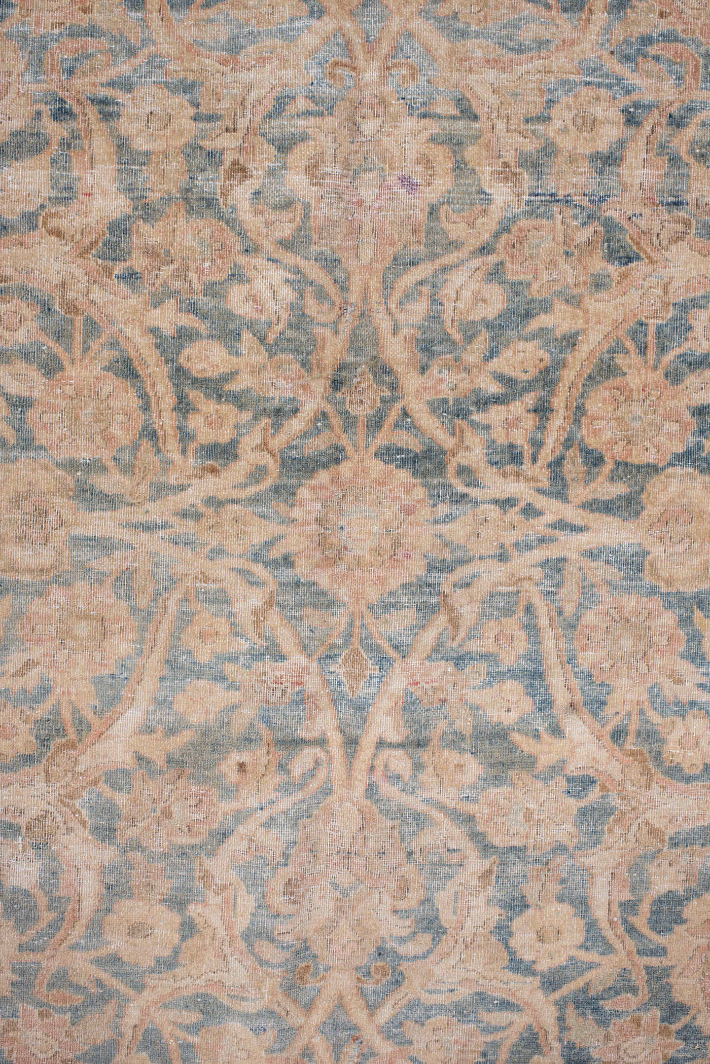 10' x 12' one-of-a-kind handmade antique Kashan large size rug. Color palette: blush, powder blue, ivory, taupe, beige, pink