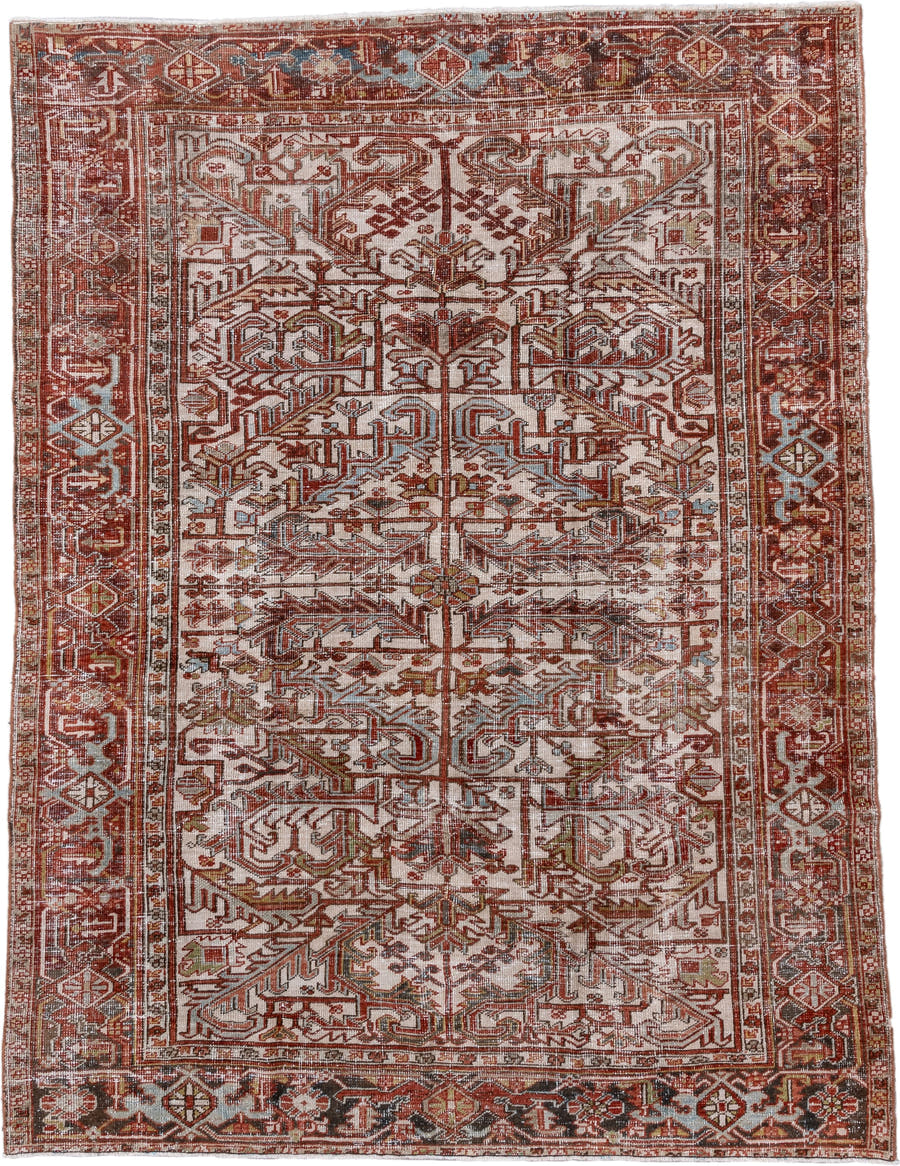 6' x 8' one-of-a-kind handmade antique Heriz rug. Color palette: ivory, rust, brick, sky blue, olive, taupe, brown, charcoal