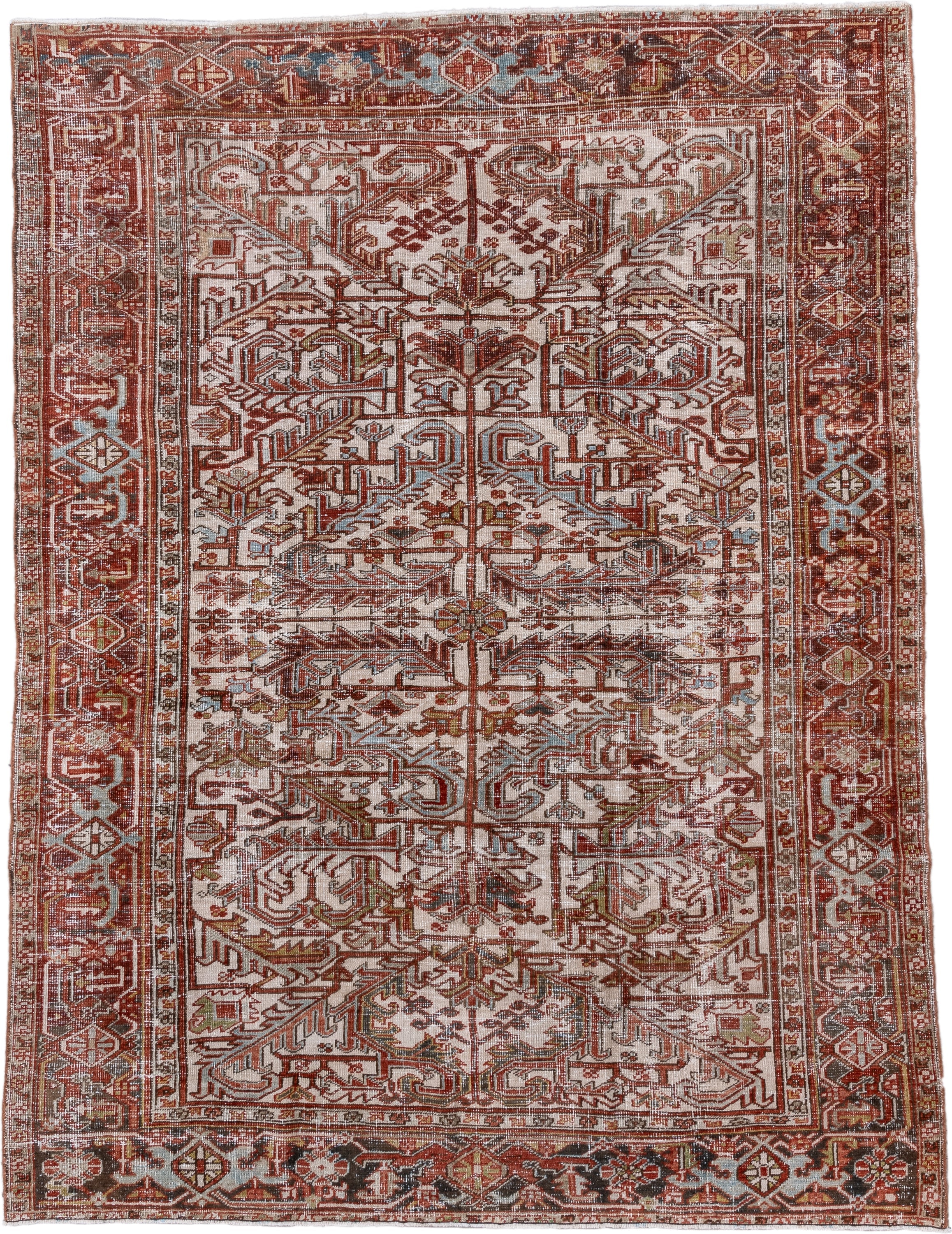 6' x 8' one-of-a-kind handmade antique Heriz rug. Color palette: ivory, rust, brick, sky blue, olive, taupe, brown, charcoal