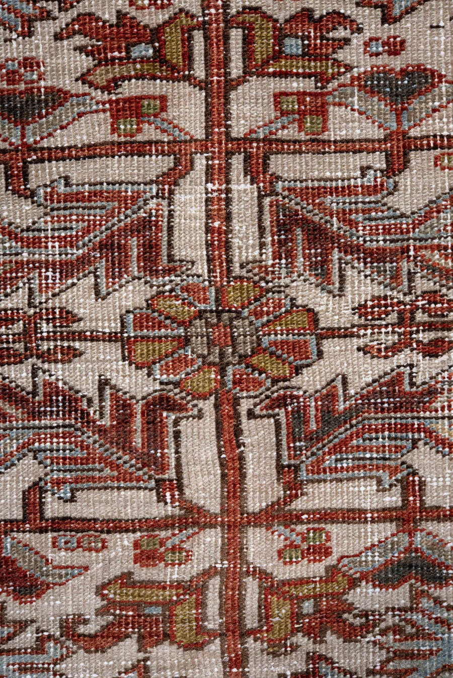 6' x 8' one-of-a-kind handmade antique Heriz rug. Color palette: ivory, rust, brick, sky blue, olive, taupe, brown, charcoal