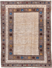 7' x 9' one-of-a-kind handmade vintage Gabbe rug. Color palette: ivory, taupe, brown, indigo, burgundy, gold, camel, beige