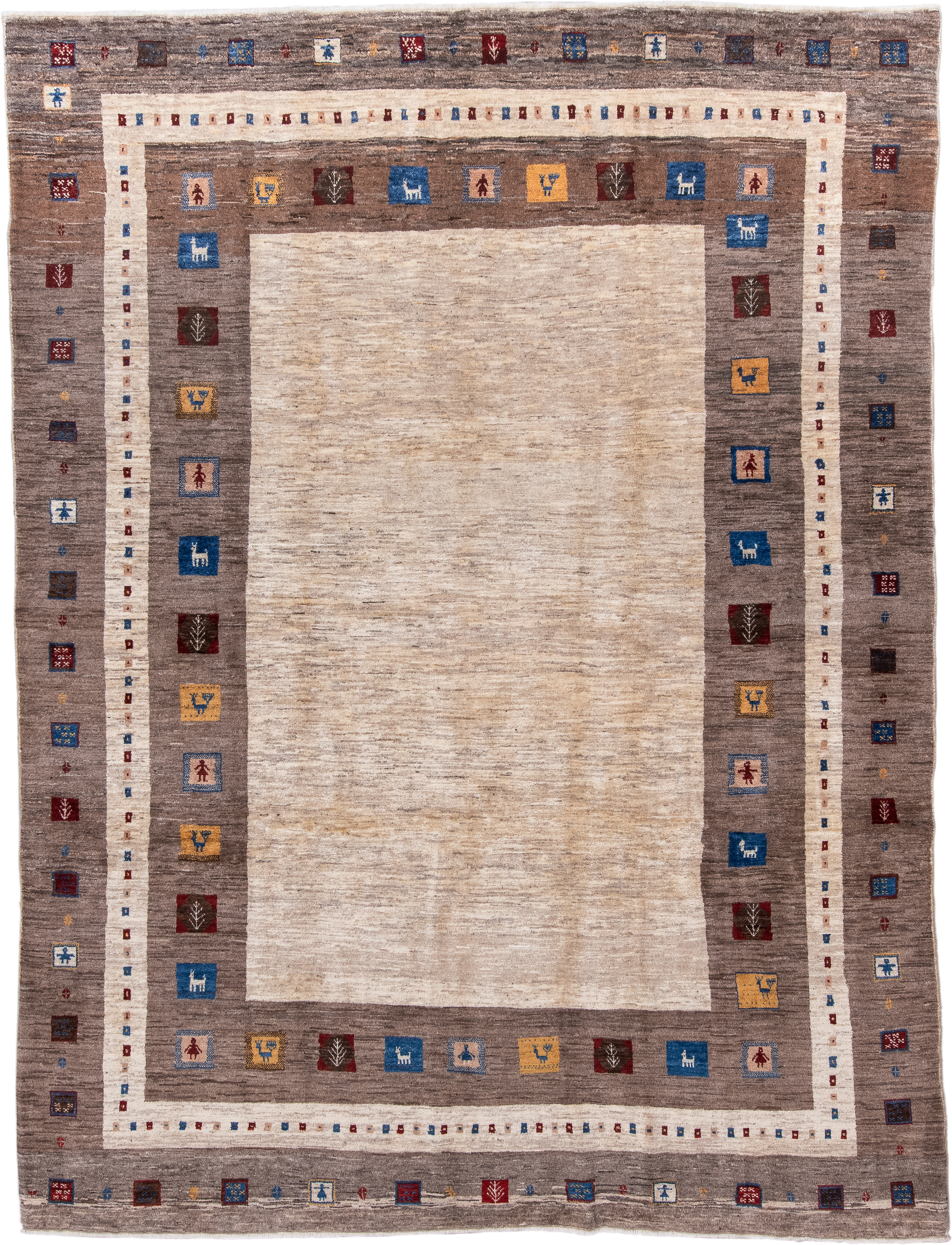 7' x 9' one-of-a-kind handmade vintage Gabbe rug. Color palette: ivory, taupe, brown, indigo, burgundy, gold, camel, beige