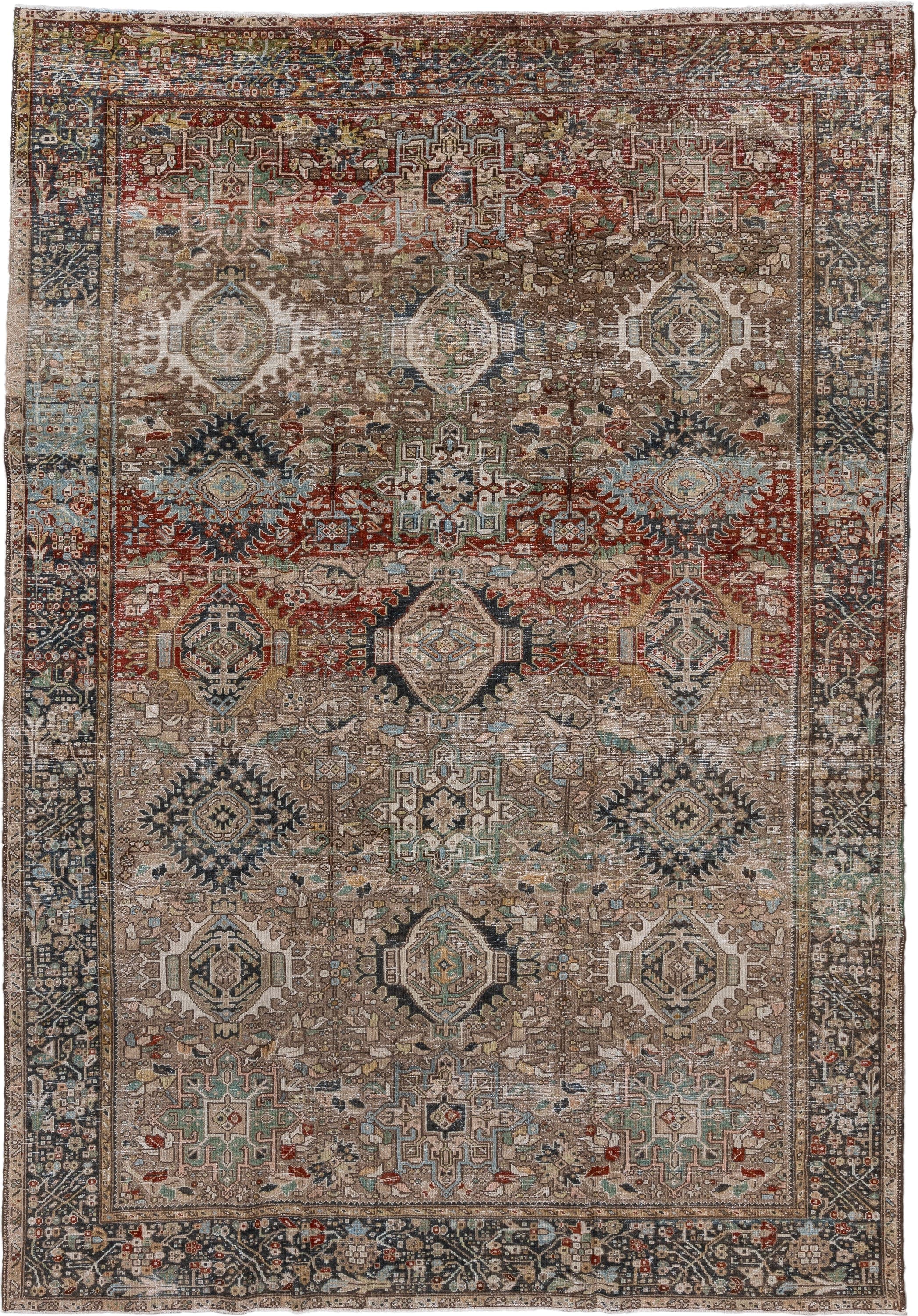 7' x 10' one-of-a-kind handmade antique Karaje large size rug. Color palette: taupe, brown, ivory, rust, slate, pale_blue