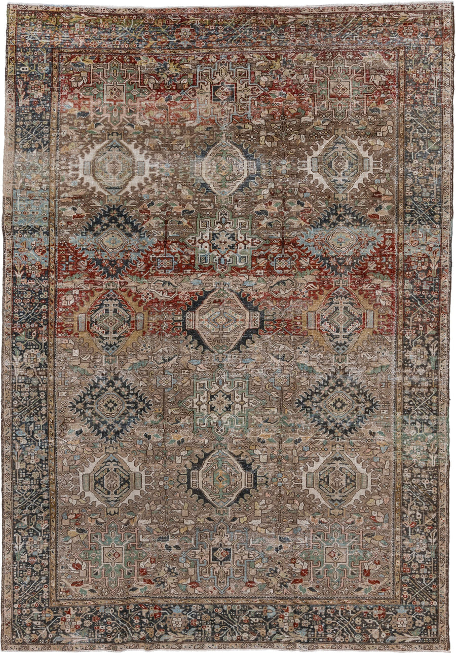 7' x 10' one-of-a-kind handmade antique Karaje large size rug. Color palette: taupe, brown, ivory, rust, slate, pale_blue