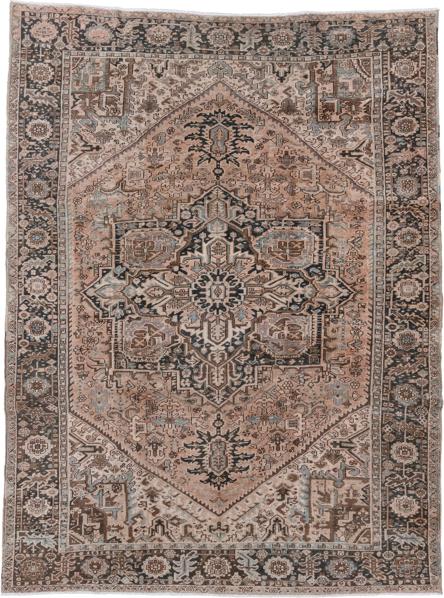 9' x 12' one-of-a-kind handmade antique Heriz large size rug. Color palette: ivory, camel, charcoal, taupe, pale blue, brown