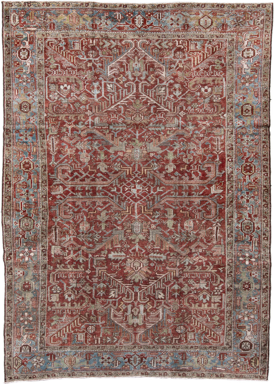7' x 10' one-of-a-kind handmade vintage Heriz large size rug. Color palette: rust, sky blue, ivory, taupe, sage, burgundy