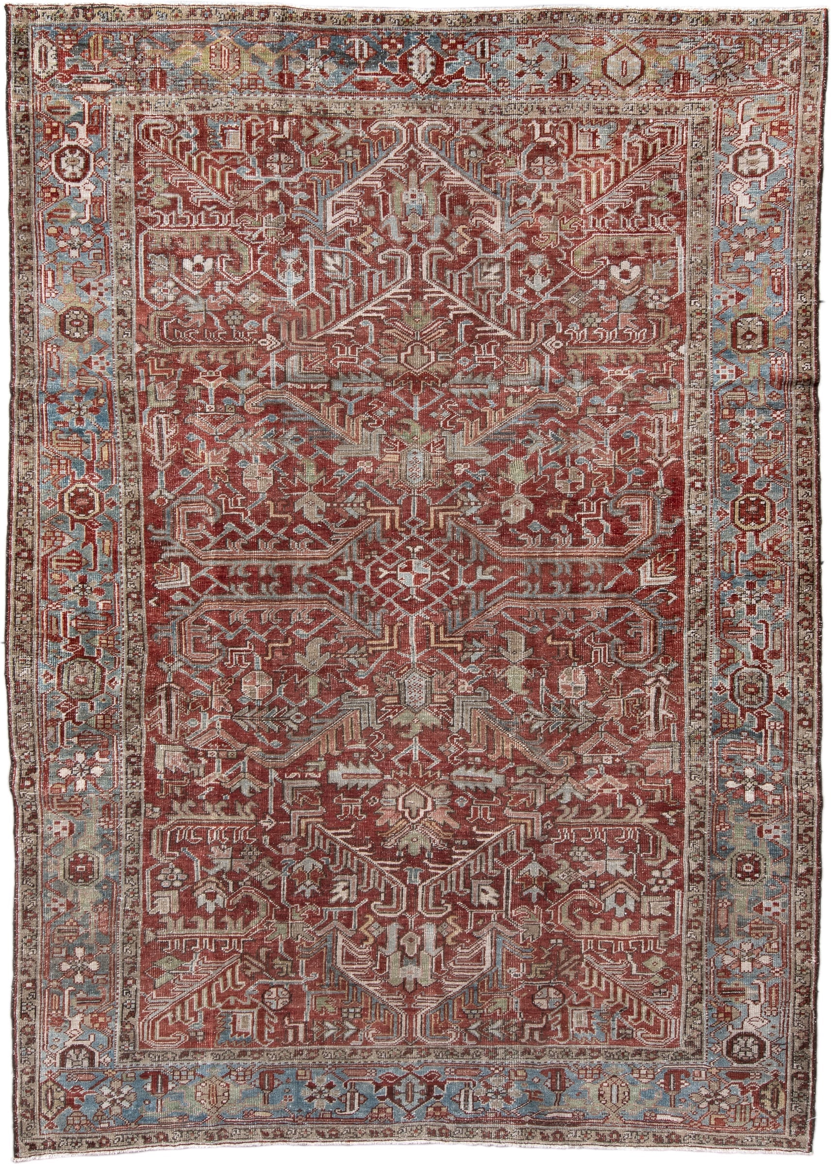 7' x 10' one-of-a-kind handmade vintage Heriz large size rug. Color palette: rust, sky blue, ivory, taupe, sage, burgundy