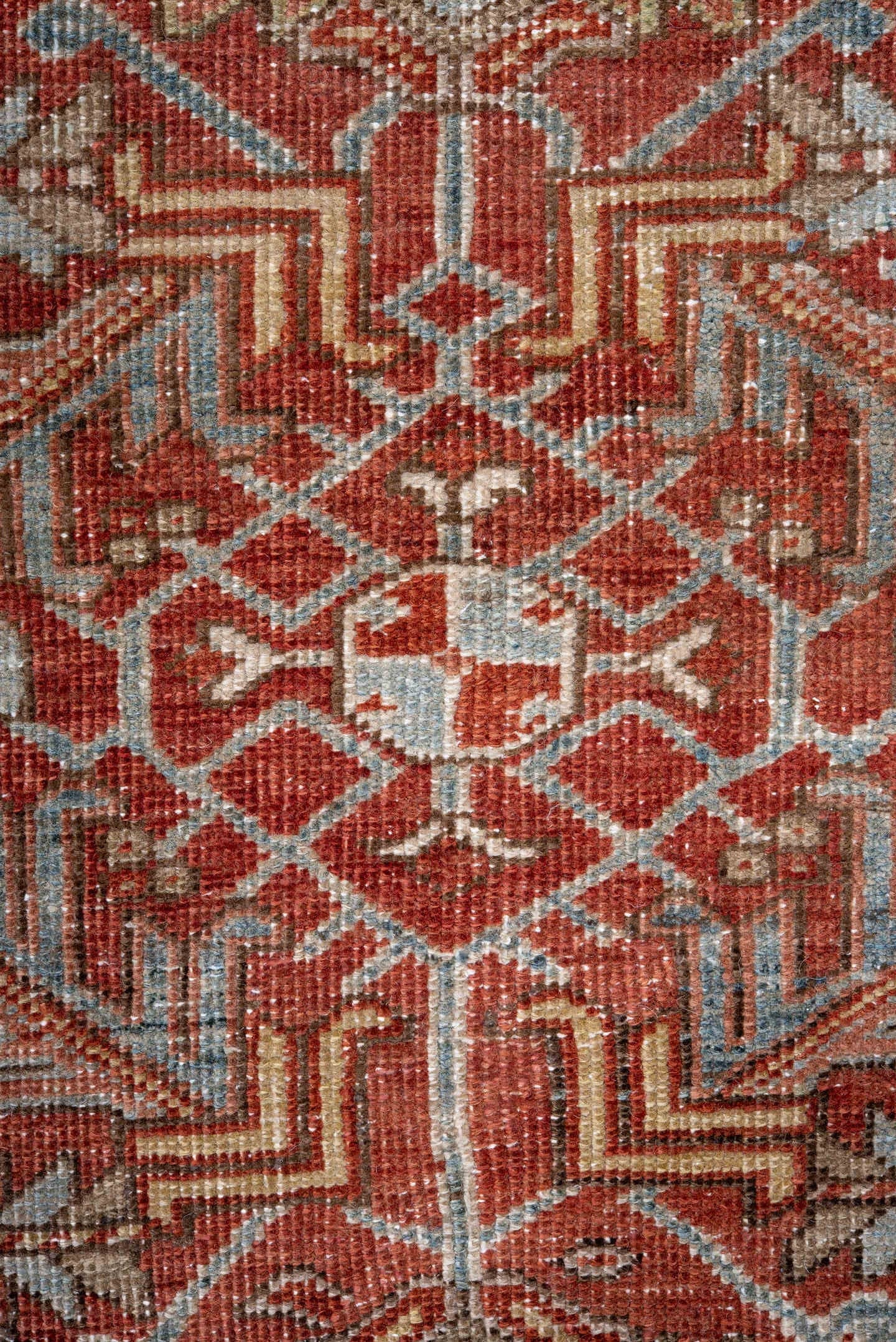 7' x 10' one-of-a-kind handmade vintage Heriz large size rug. Color palette: rust, sky blue, ivory, taupe, sage, burgundy
