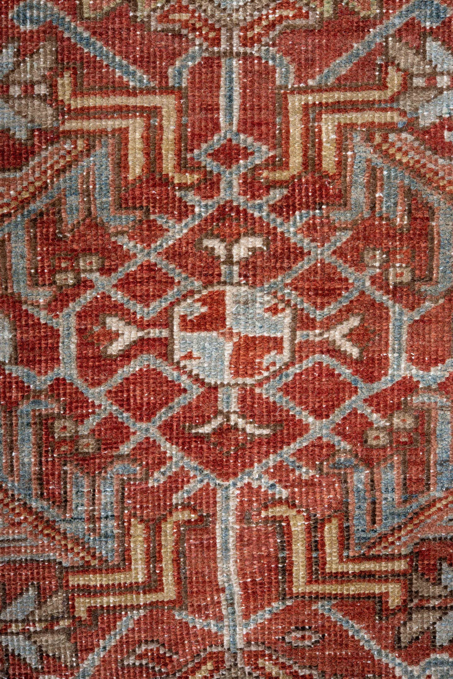 7' x 10' one-of-a-kind handmade vintage Heriz large size rug. Color palette: rust, sky blue, ivory, taupe, sage, burgundy