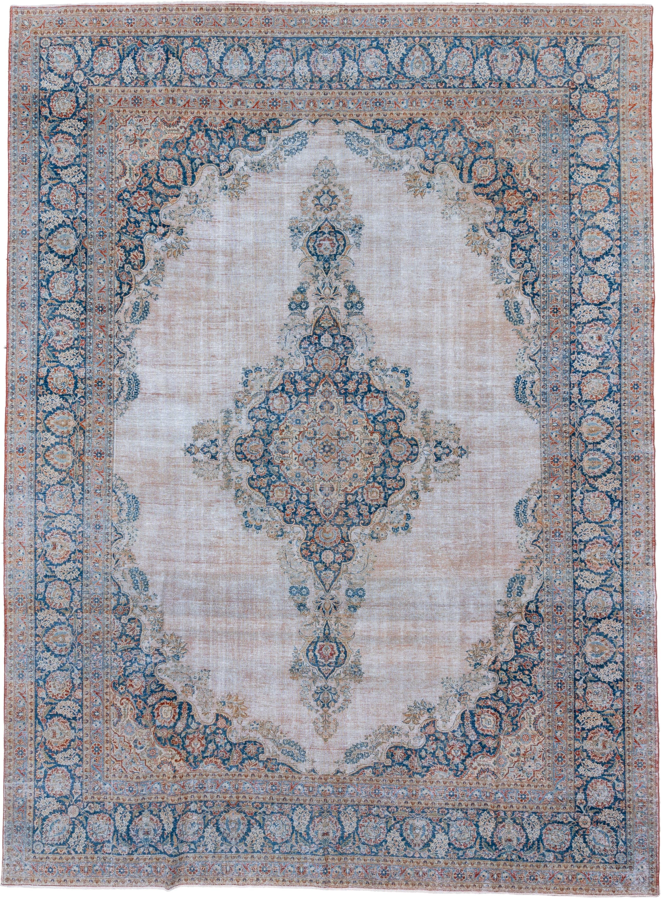 10' x 14' one-of-a-kind handmade antique Kashan large size rug. Color palette: ivory, blue, sky blue, blush, taupe, camel