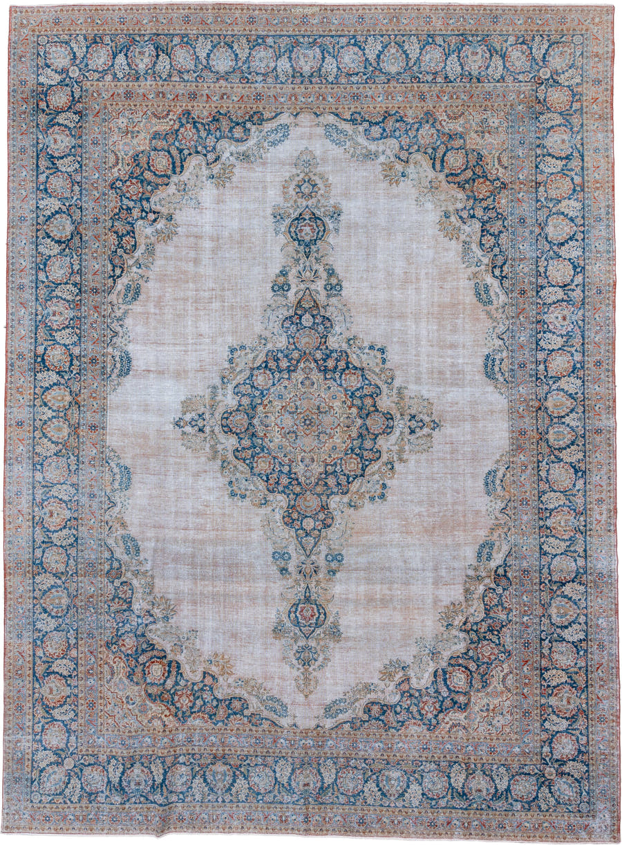 10' x 14' one-of-a-kind handmade antique Kashan large size rug. Color palette: ivory, blue, sky blue, blush, taupe, camel