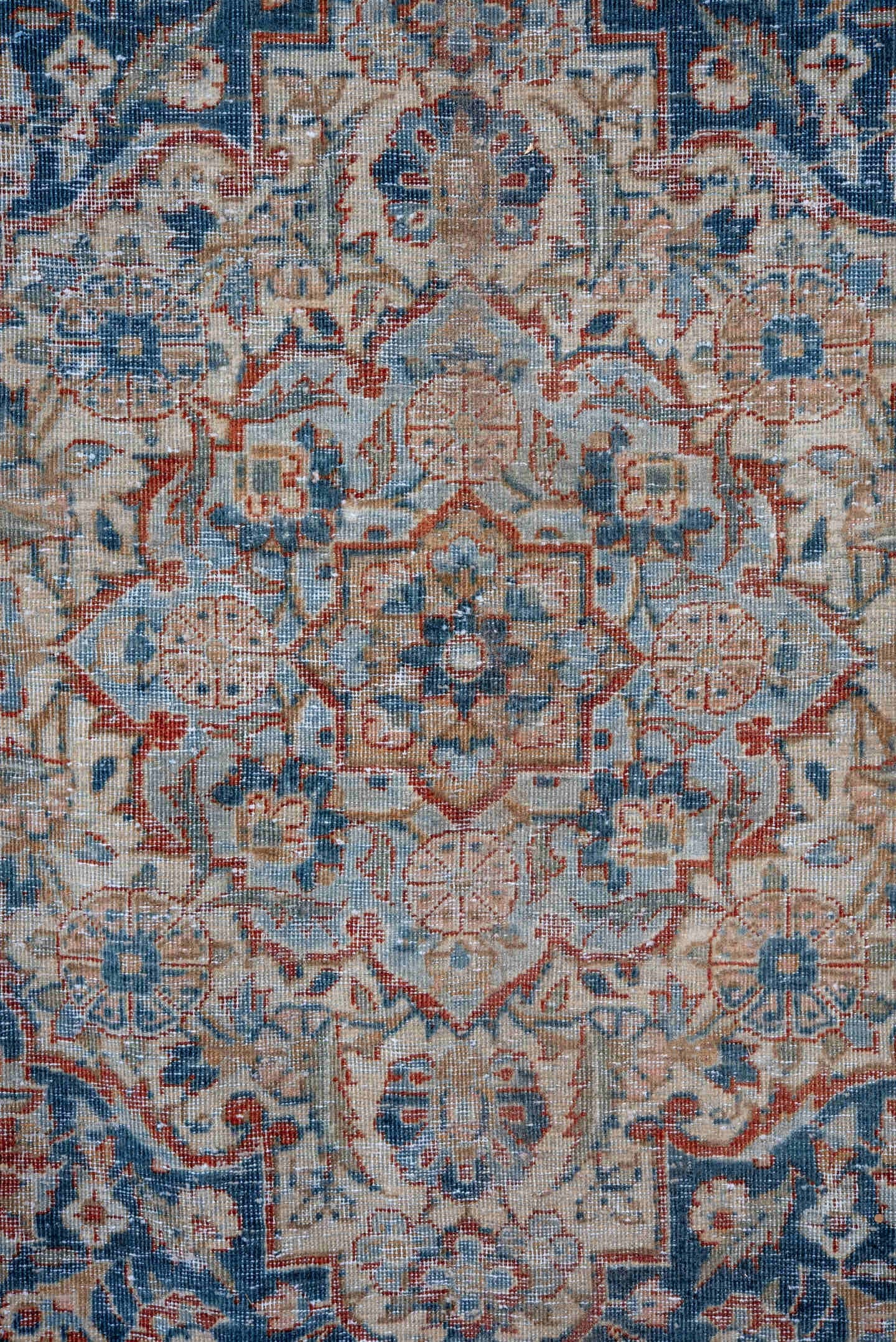 10' x 14' one-of-a-kind handmade antique Kashan large size rug. Color palette: ivory, blue, sky blue, blush, taupe, camel