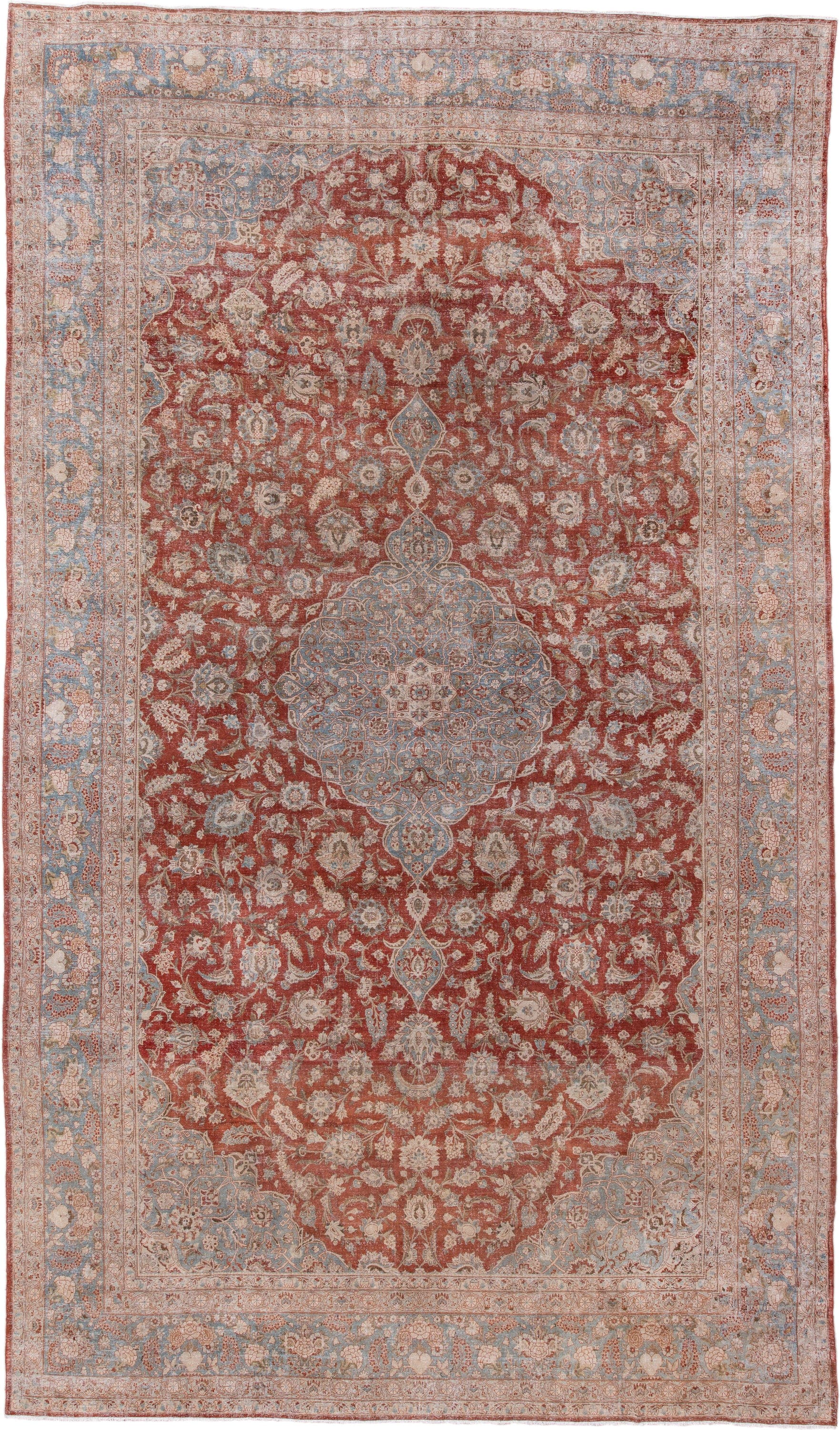 10' x 17' one-of-a-kind handmade antique Kashan rug. Color palette: rust, light blue, ivory, terra cotta, beige, taupe