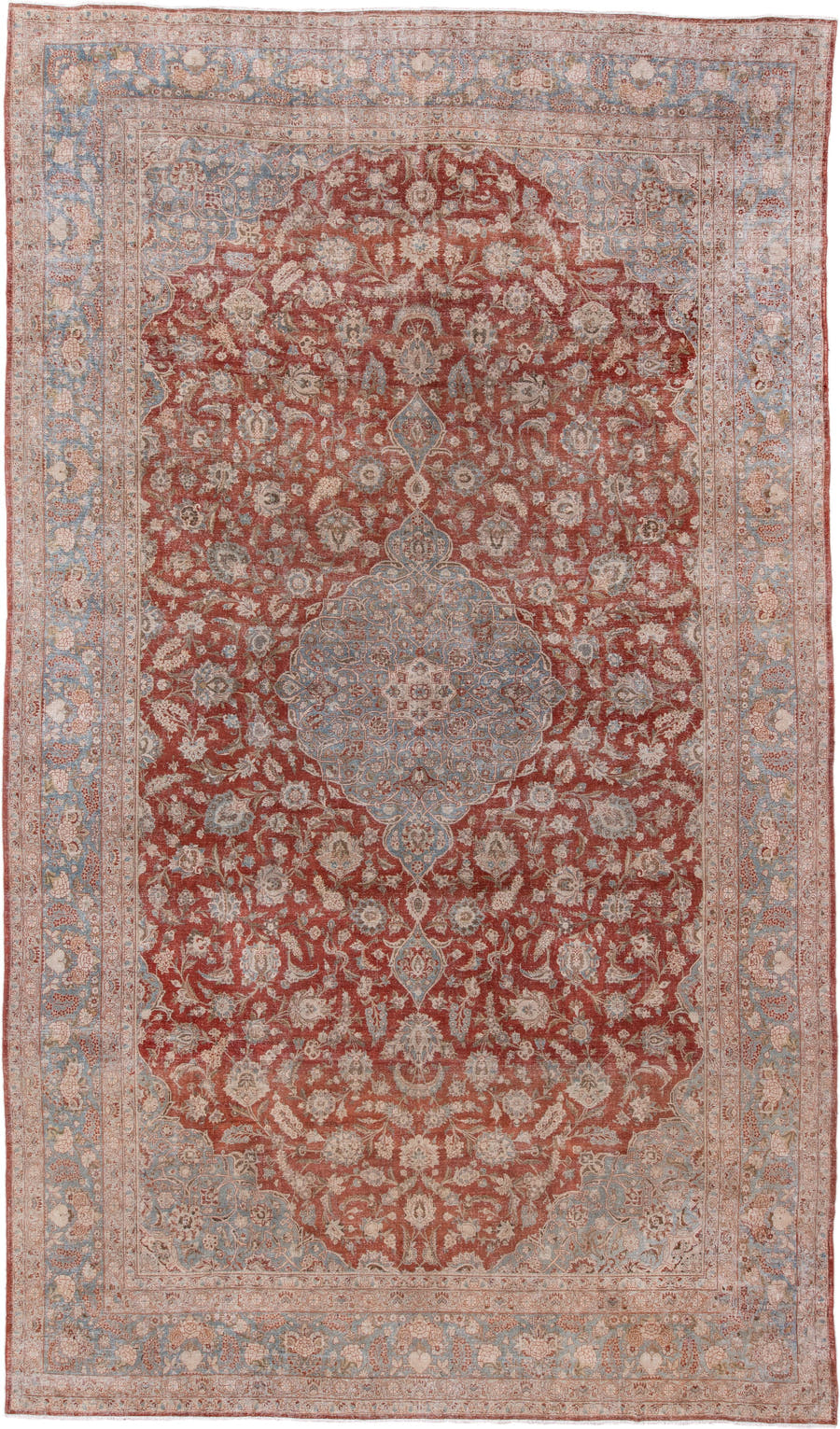 10' x 17' one-of-a-kind handmade antique Kashan rug. Color palette: rust, light blue, ivory, terra cotta, beige, taupe