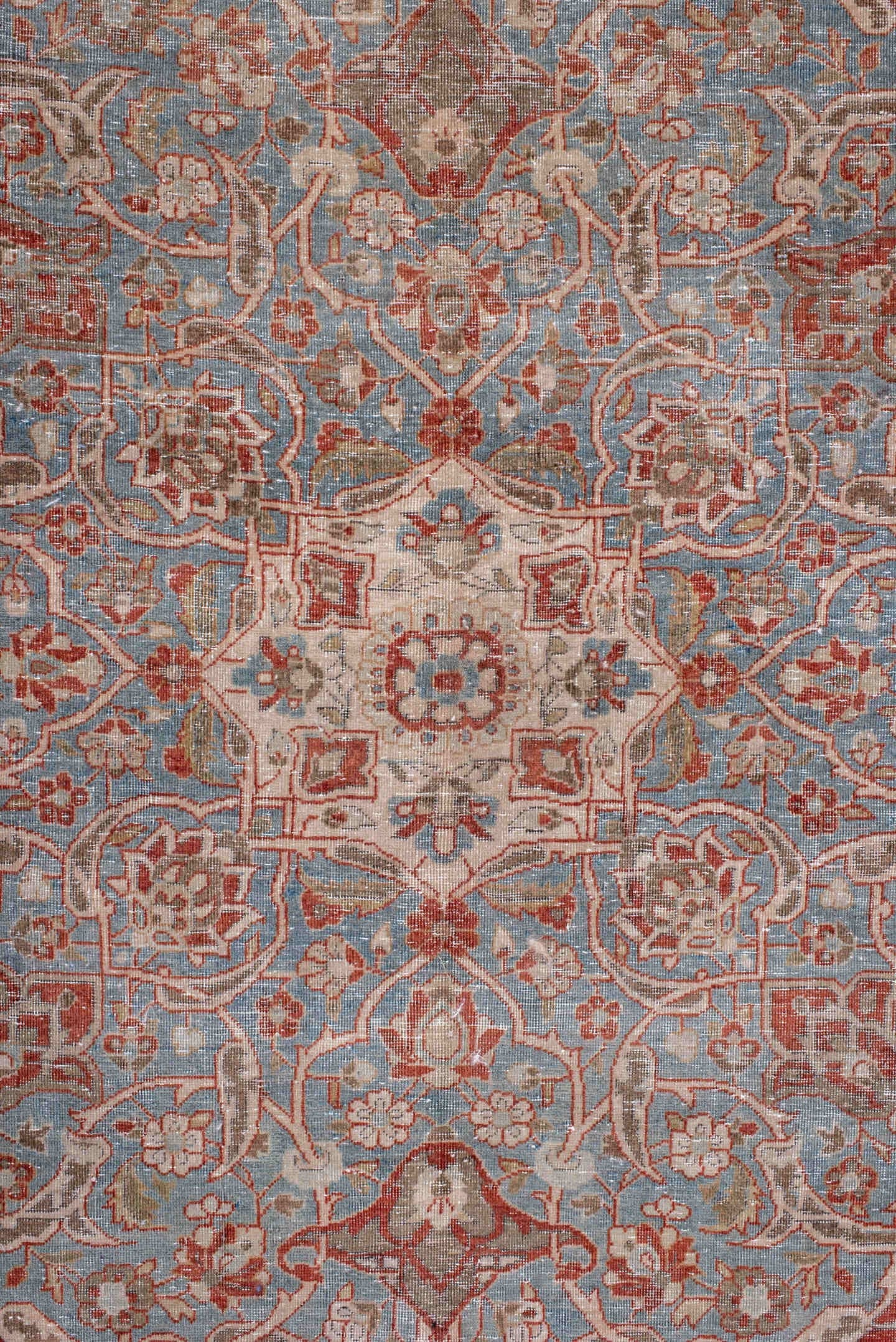 10' x 17' one-of-a-kind handmade antique Kashan rug. Color palette: rust, light blue, ivory, terra cotta, beige, taupe