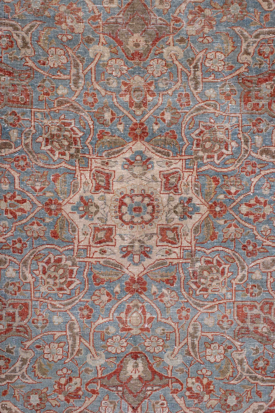 10' x 17' one-of-a-kind handmade antique Kashan rug. Color palette: rust, light blue, ivory, terra cotta, beige, taupe