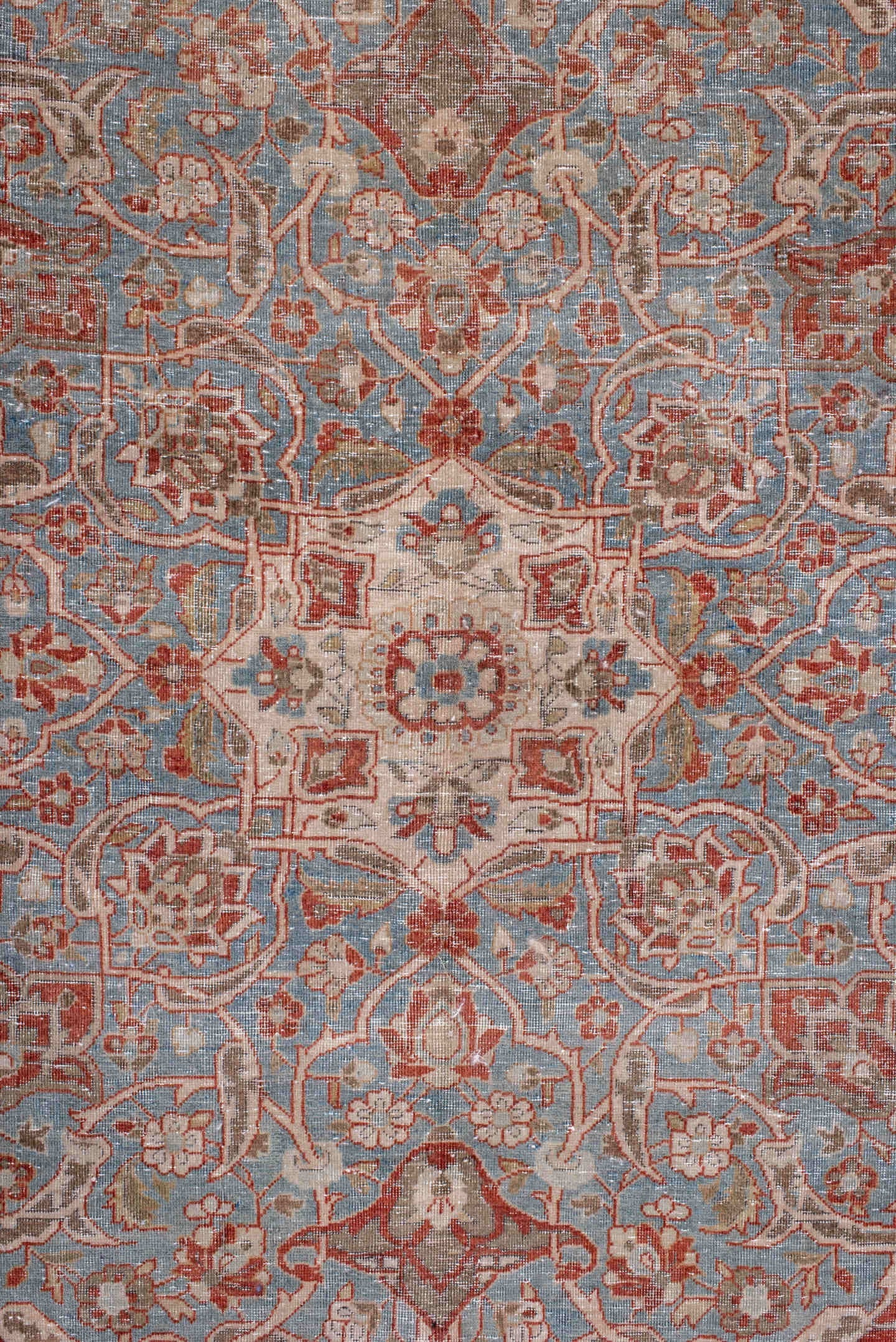 10' x 17' one-of-a-kind handmade antique Kashan rug. Color palette: rust, light blue, ivory, terra cotta, beige, taupe