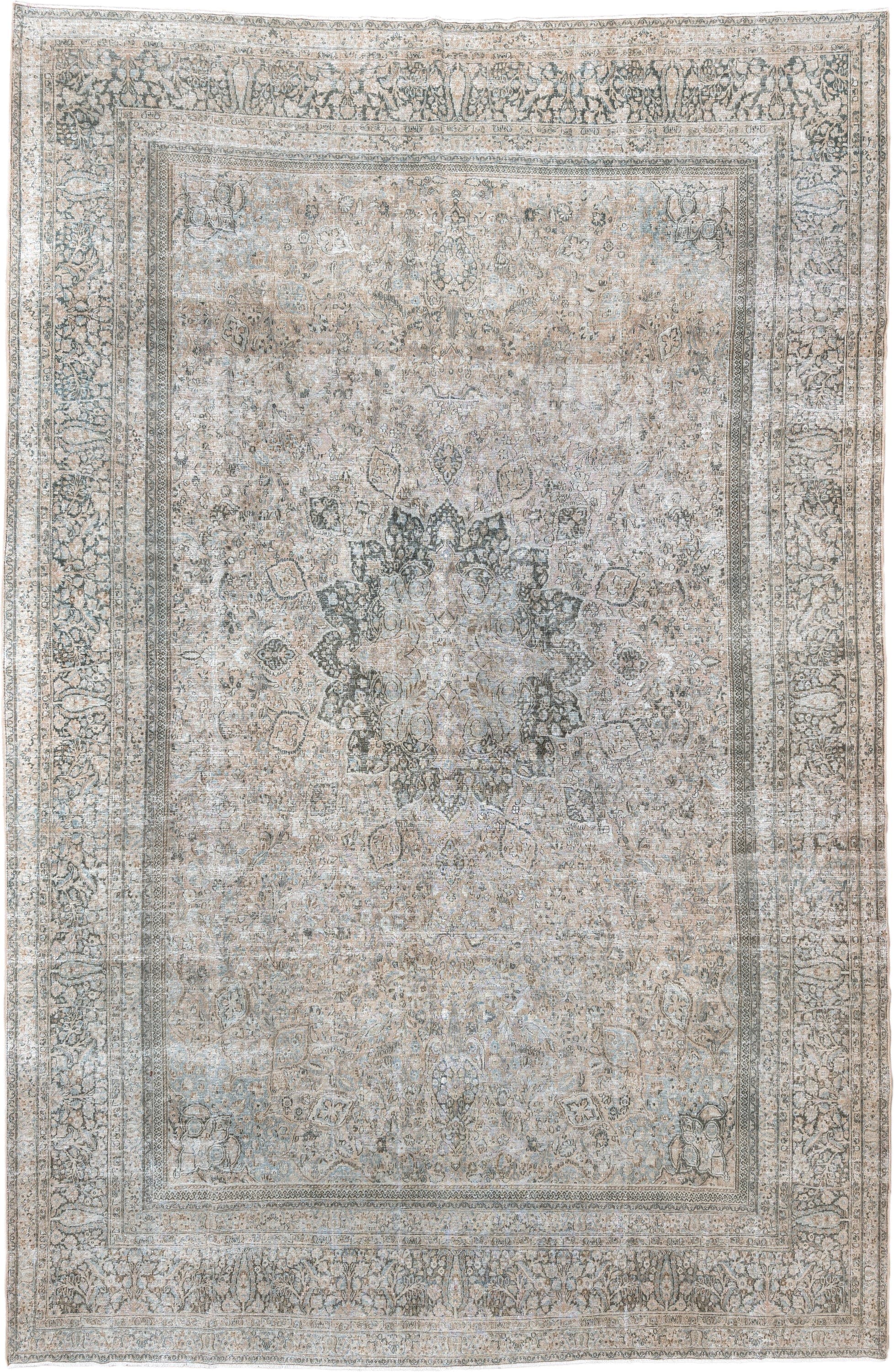 10' x 16' one-of-a-kind handmade antique Khorassan oversize rug. Color palette: ivory, taupe, blue gray, slate, beige, camel
