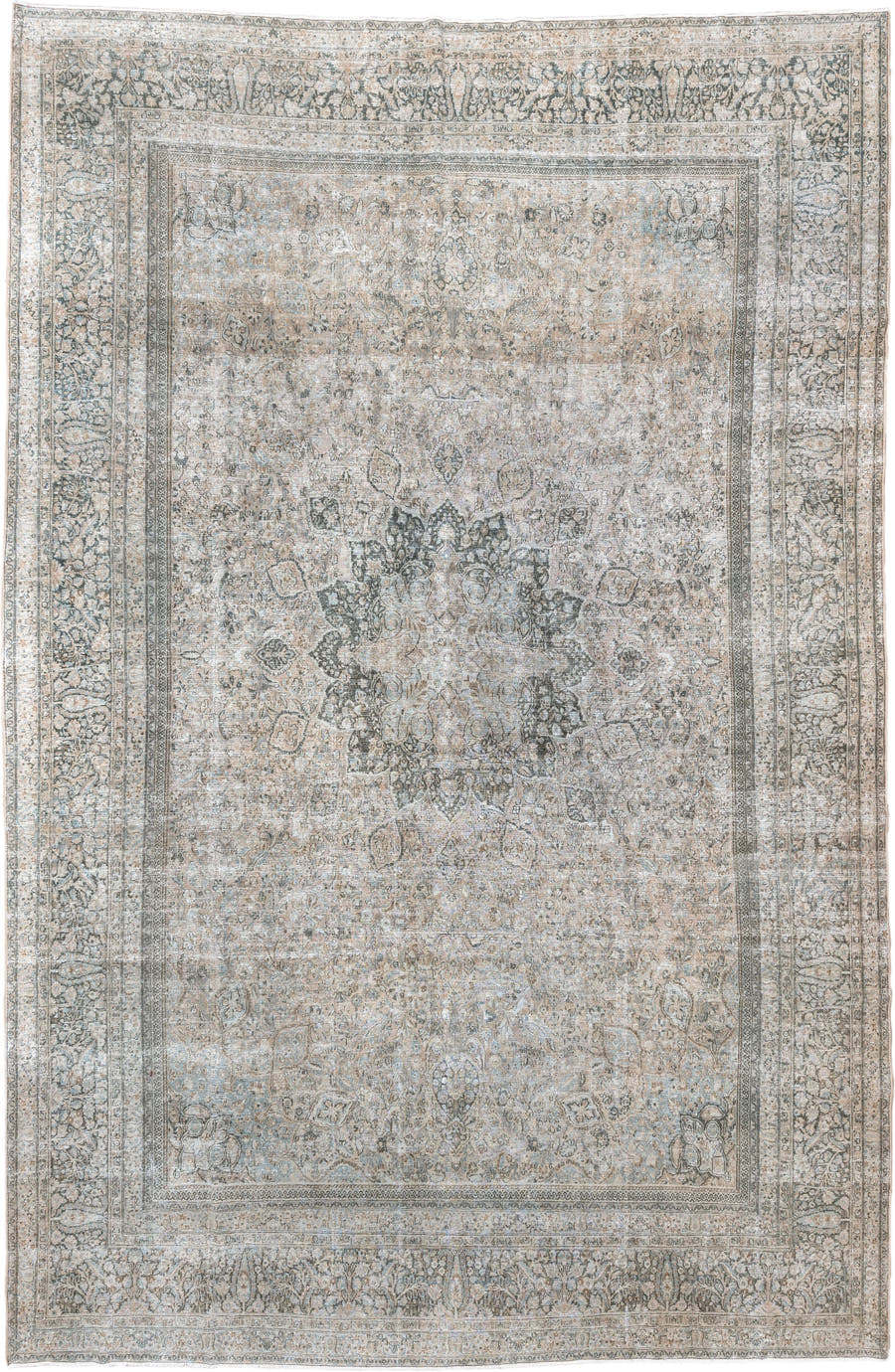 10' x 16' one-of-a-kind handmade antique Khorassan oversize rug. Color palette: ivory, taupe, blue gray, slate, beige, camel