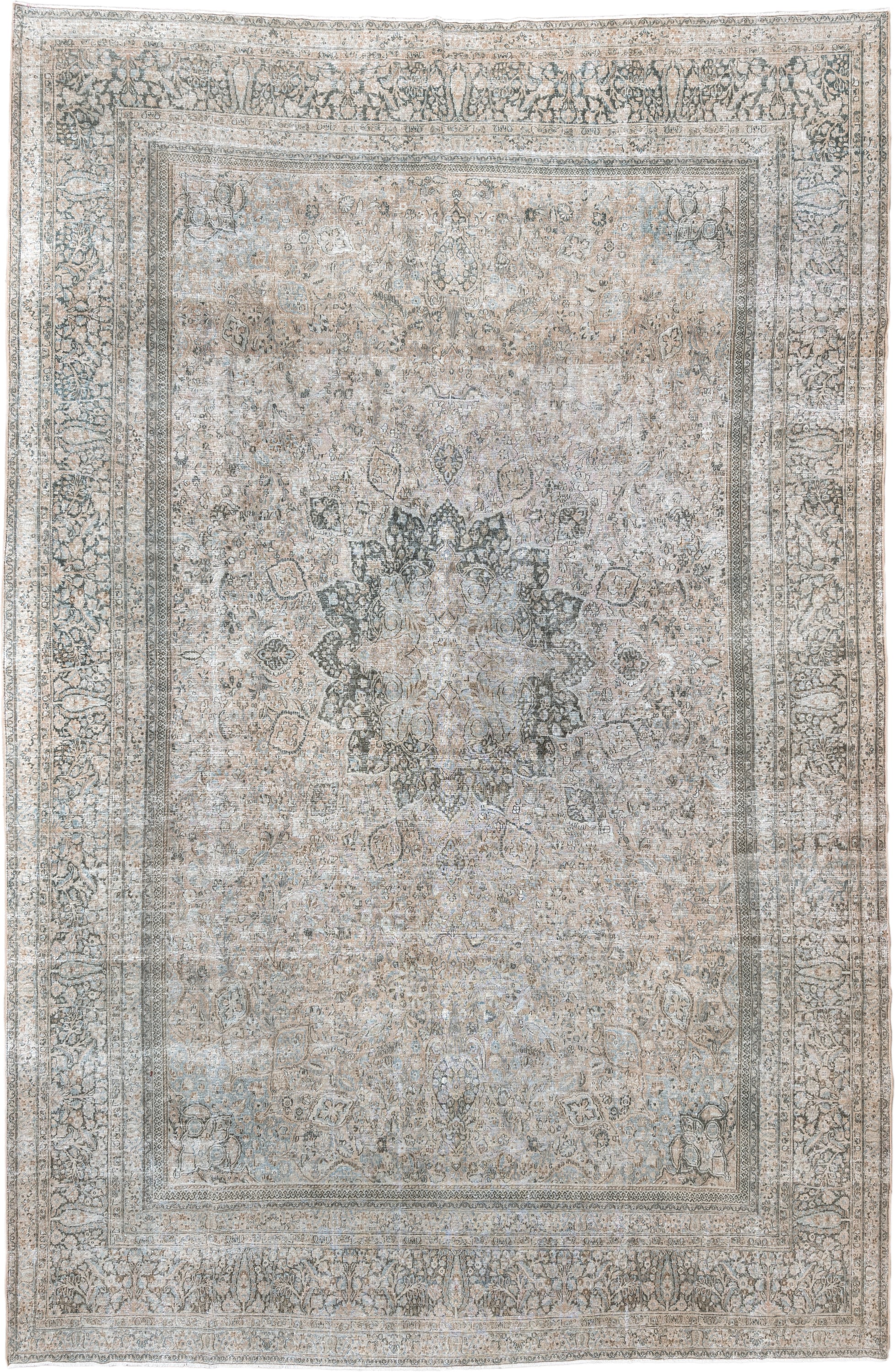 10' x 16' one-of-a-kind handmade antique Khorassan oversize rug. Color palette: ivory, taupe, blue gray, slate, beige, camel