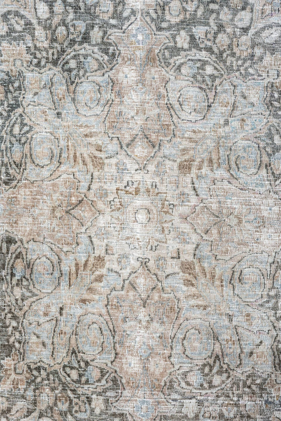 10' x 16' one-of-a-kind handmade antique Khorassan oversize rug. Color palette: ivory, taupe, blue gray, slate, beige, camel