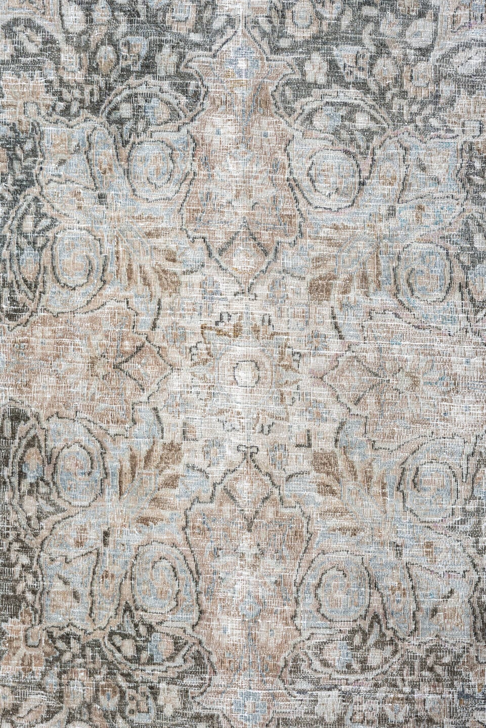 10' x 16' one-of-a-kind handmade antique Khorassan oversize rug. Color palette: ivory, taupe, blue gray, slate, beige, camel