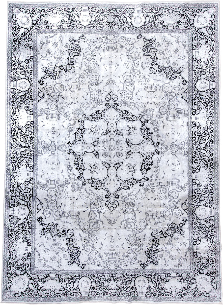 9' x 13' one-of-a-kind handmade vintage Kaisary large size rug. Color palette: ivory, charcoal, slate, silver, gray, black
