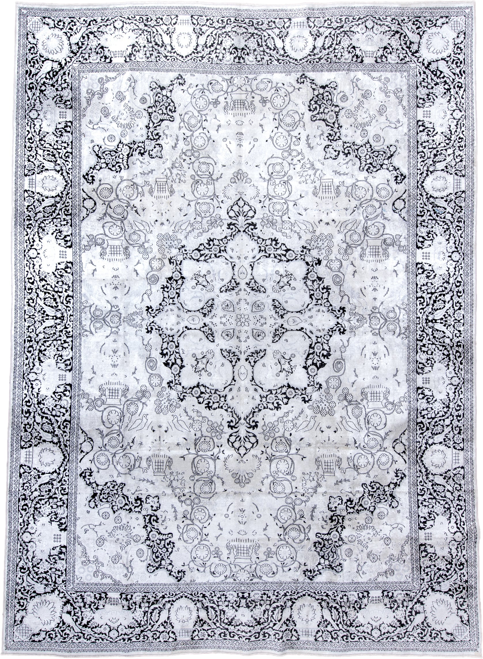 9' x 13' one-of-a-kind handmade vintage Kaisary large size rug. Color palette: ivory, charcoal, slate, silver, gray, black