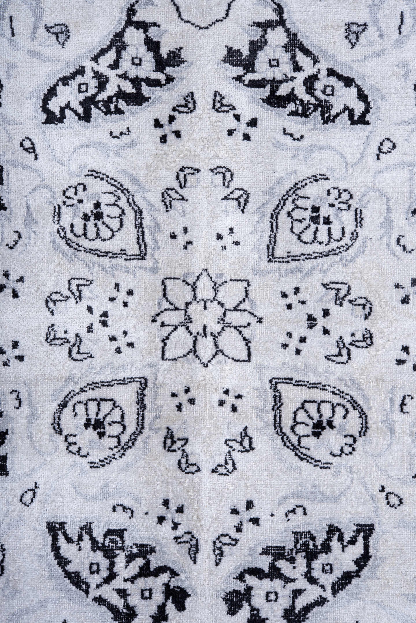9' x 13' one-of-a-kind handmade vintage Kaisary large size rug. Color palette: ivory, charcoal, slate, silver, gray, black