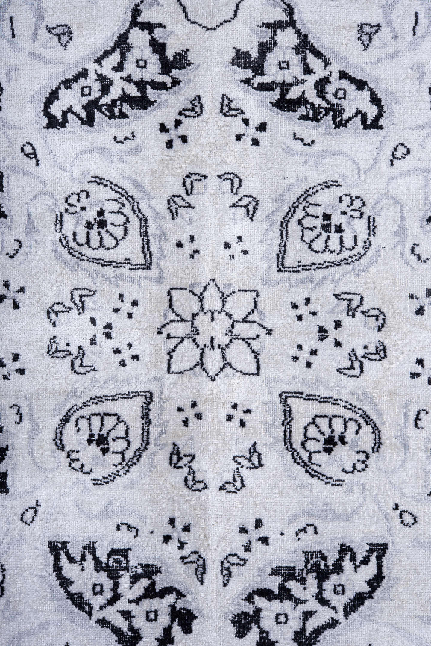 9' x 13' one-of-a-kind handmade vintage Kaisary large size rug. Color palette: ivory, charcoal, slate, silver, gray, black