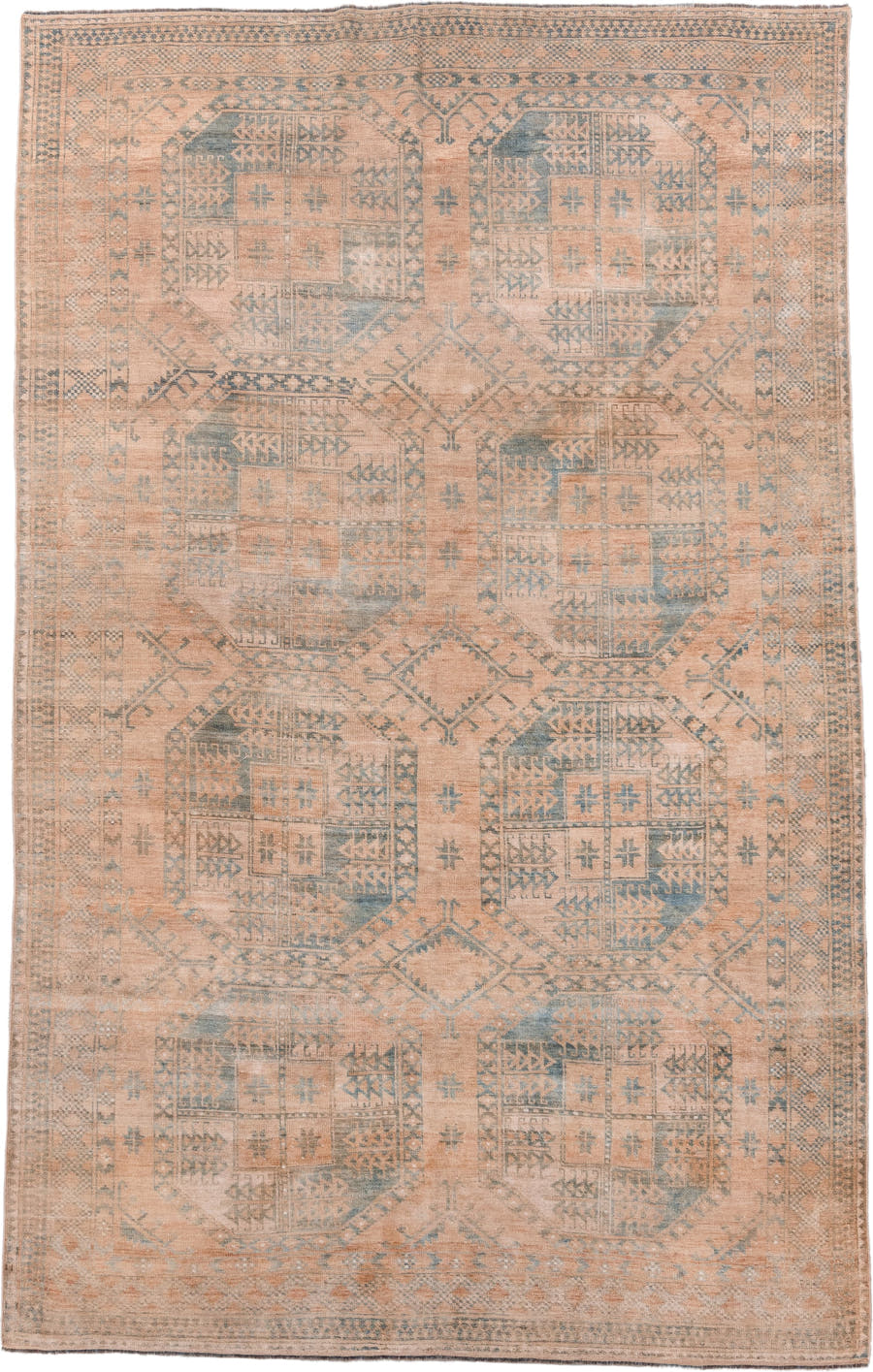 6' x 9' one-of-a-kind handmade antique Afghan medium size rug. Color palette: blush, dusty blue, ivory, taupe, camel, pink