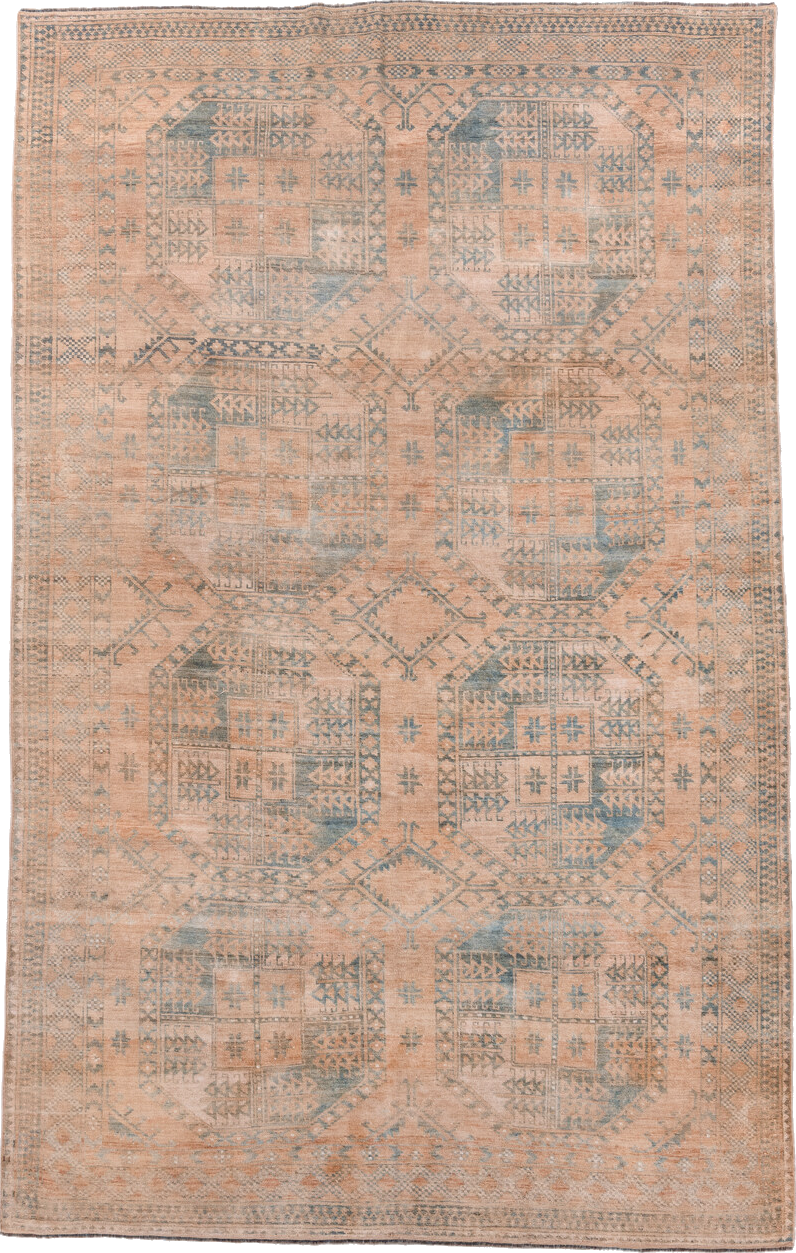 6' x 9' one-of-a-kind handmade vintage Afghan medium size rug. Color palette: brown, gray, light gray, off-white, orange