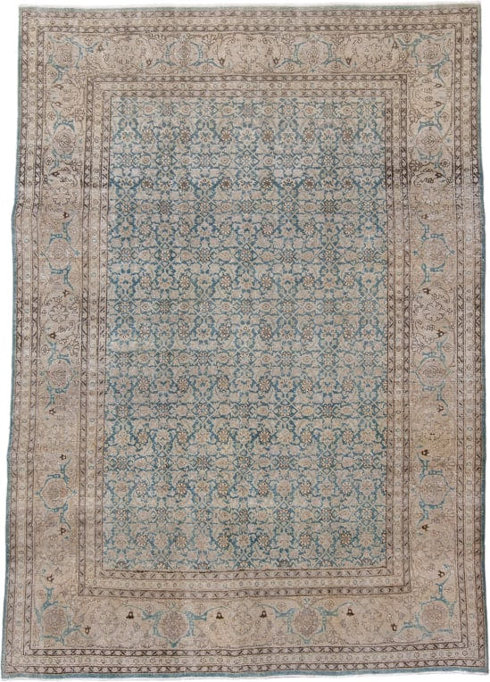 6' x 9' one-of-a-kind handmade antique Tabriz medium size rug. Color palette: ivory, pale blue, taupe, beige, slate, camel