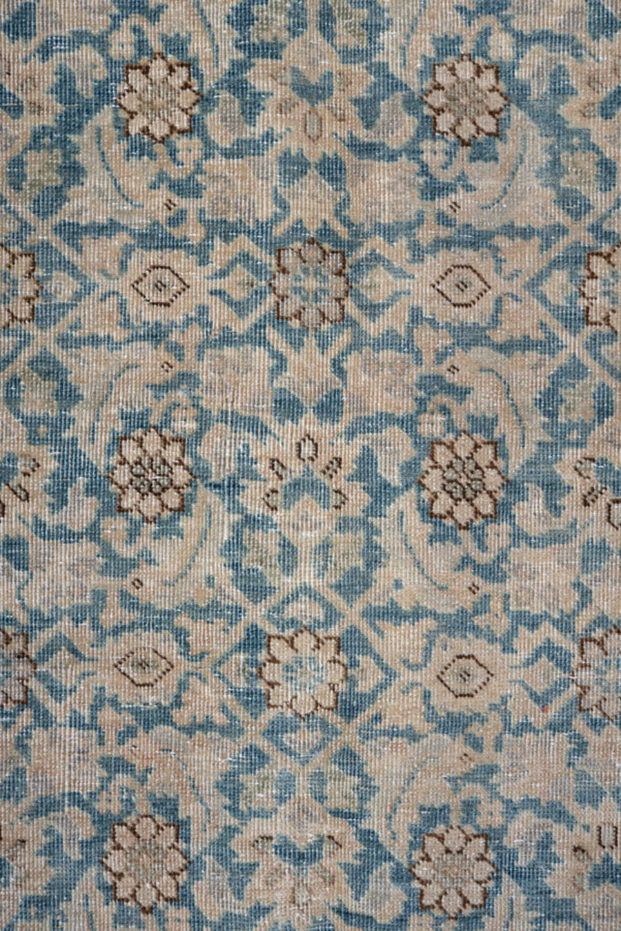 6' x 9' one-of-a-kind handmade antique Tabriz medium size rug. Color palette: ivory, pale blue, taupe, beige, slate, camel